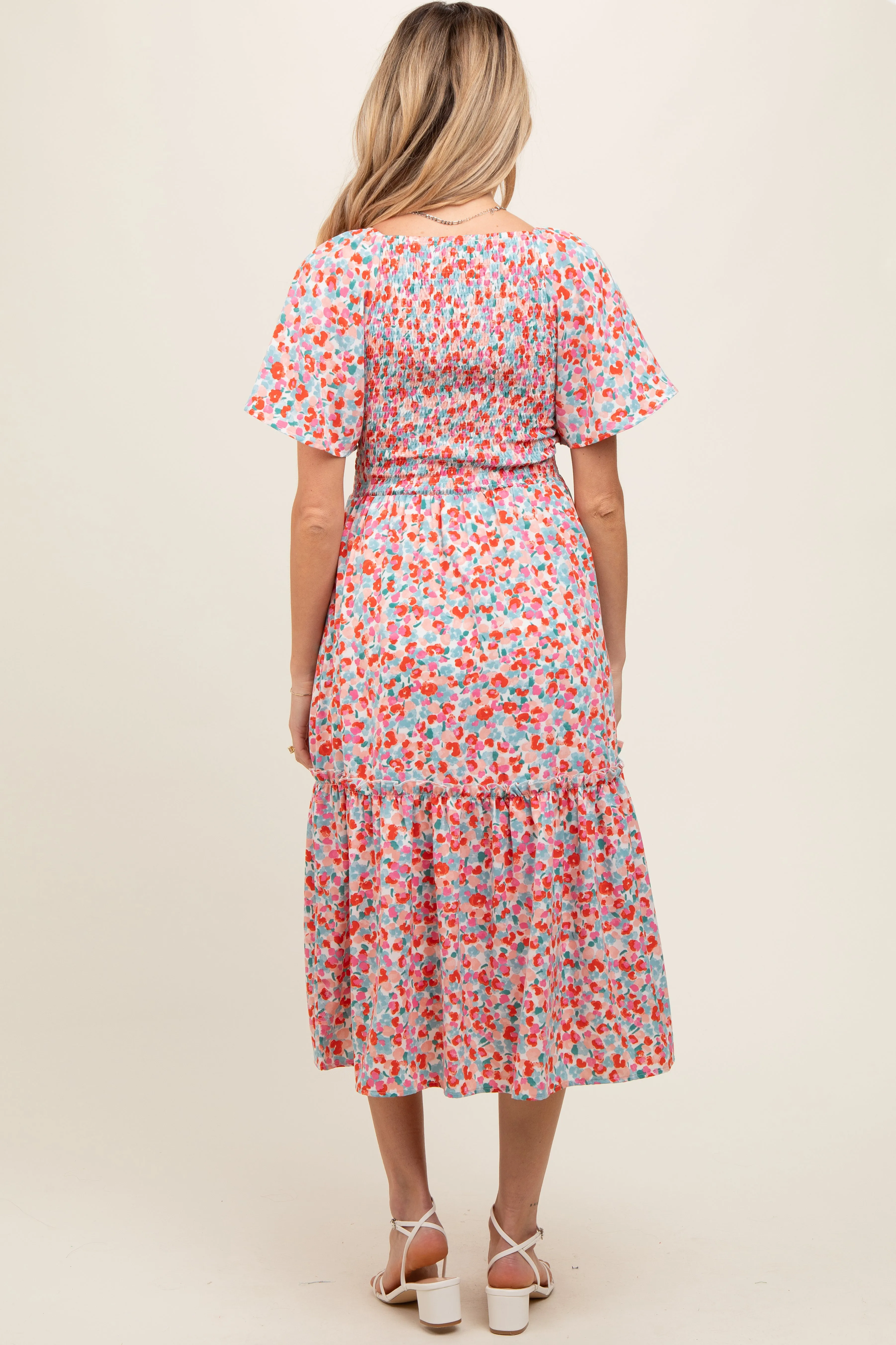 White Multicolor Floral Smocked Maternity Midi Dress sold by Pinkblush product image thumbnail 3