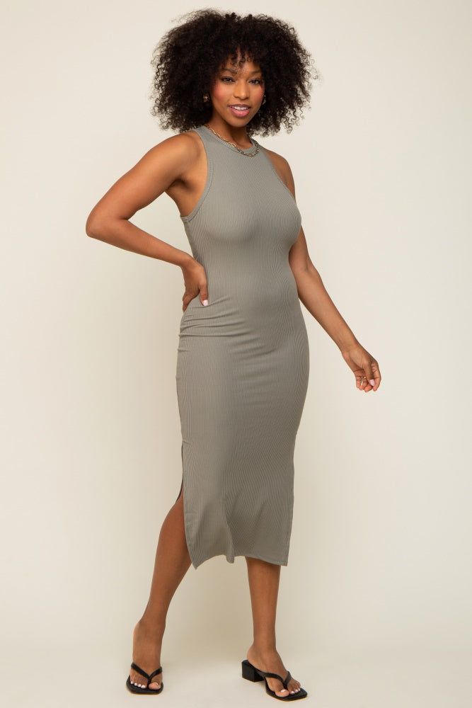Light Olive Ribbed Sleeveless Side Slit Midi Dress sold by Pinkblush product image thumbnail 4