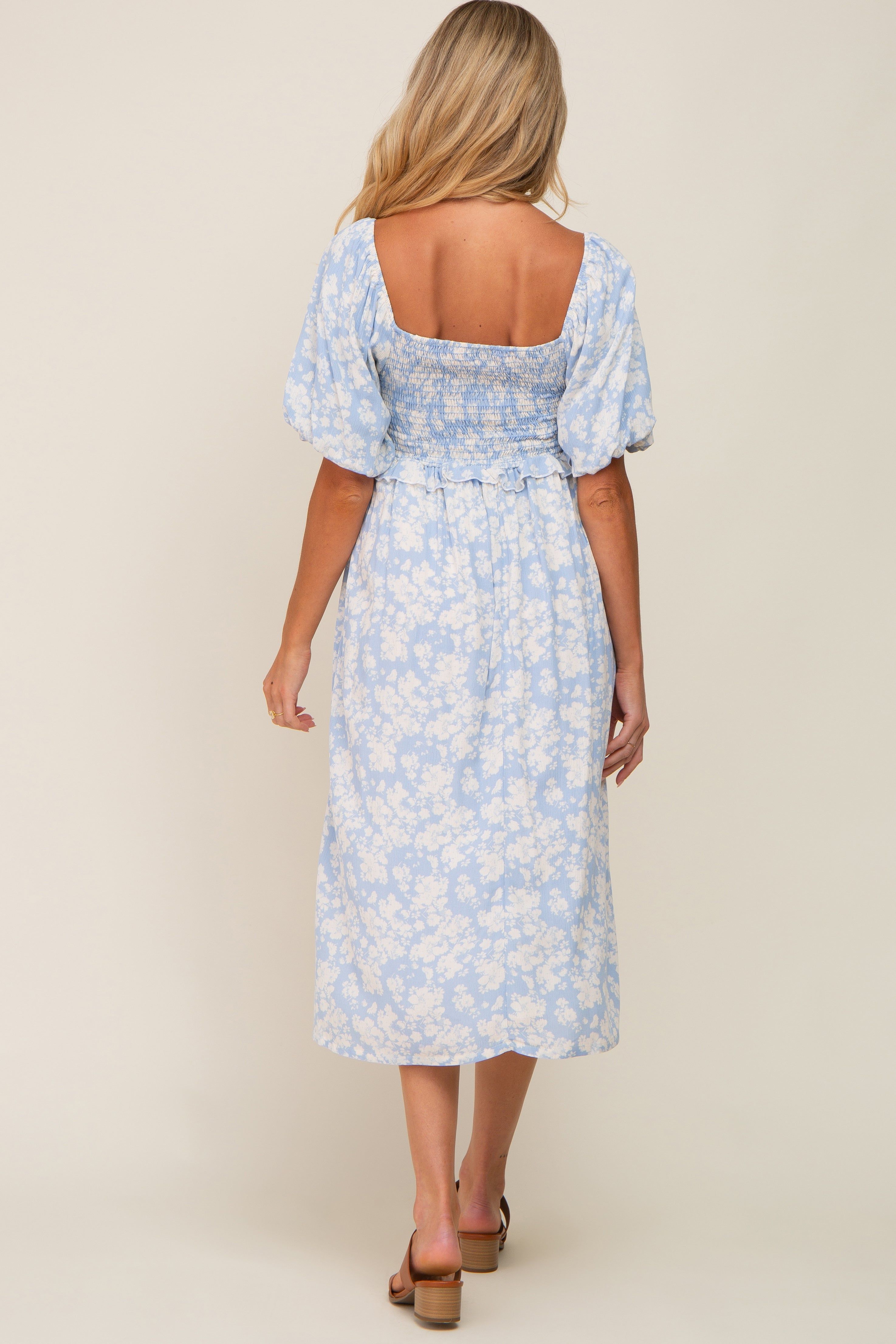 Light Blue Floral Smocked Maternity Midi Dress sold by Pinkblush product image thumbnail 3