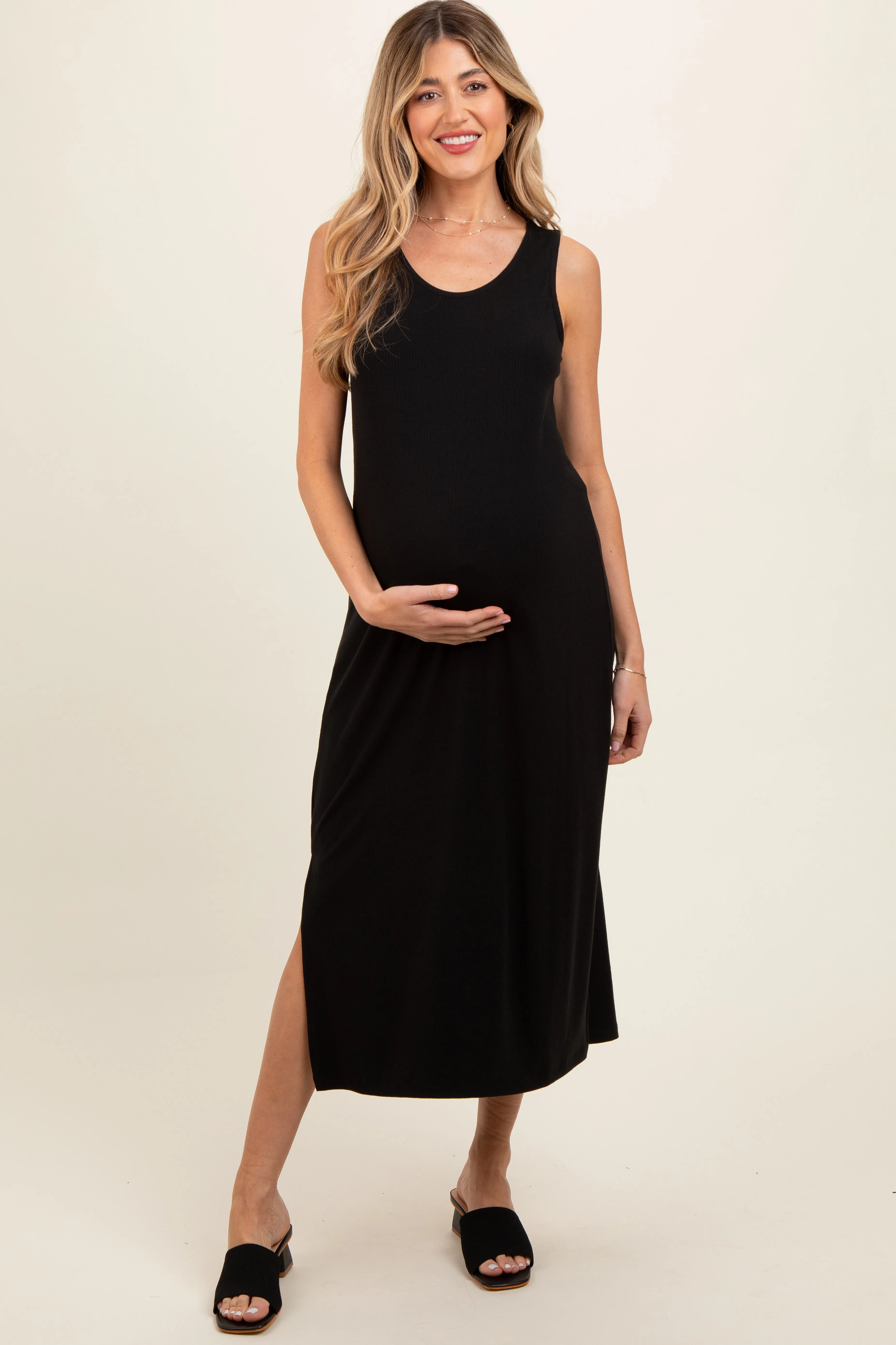 Black Ribbed Sleeveless Maternity Midi Dress sold by Pinkblush