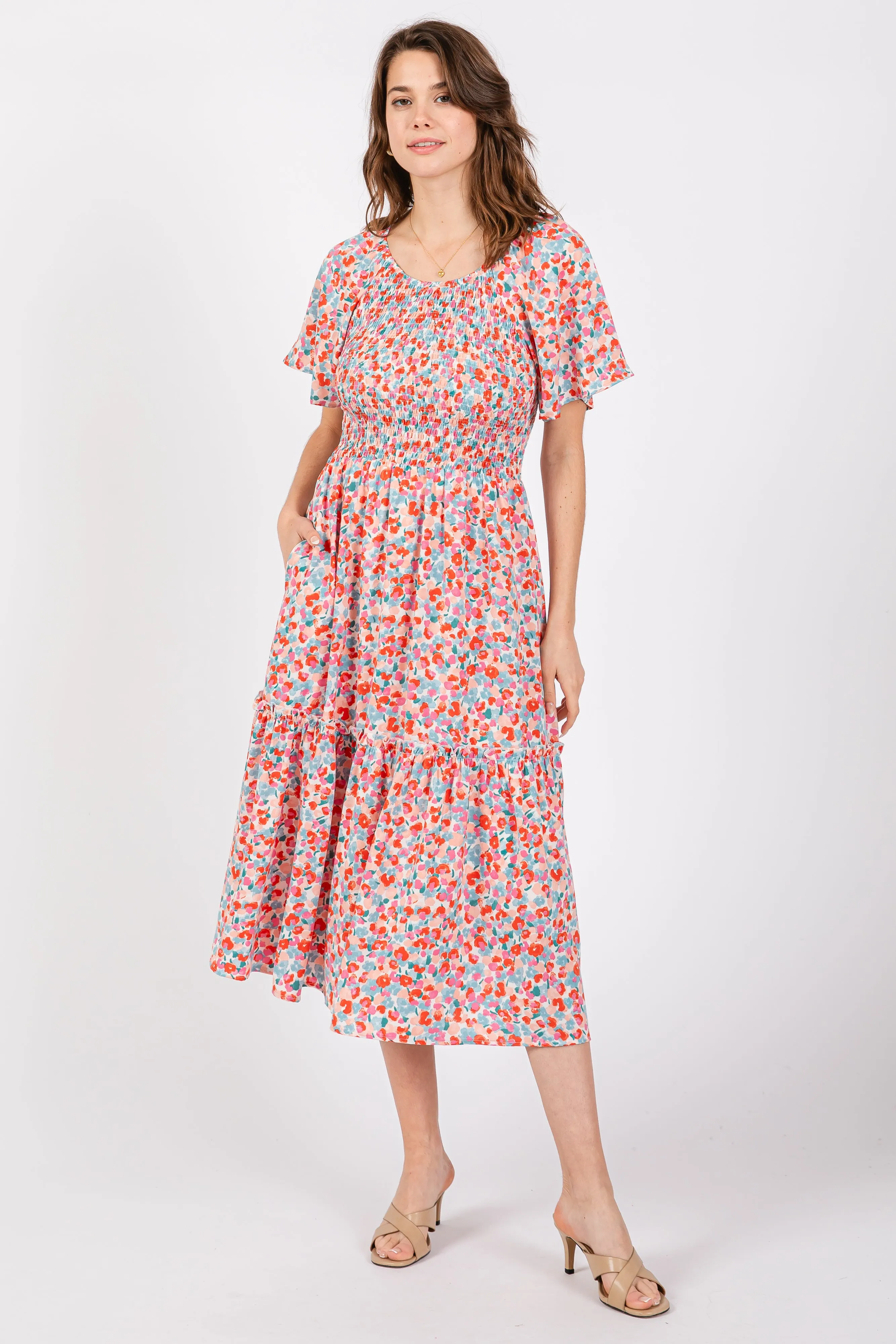 White Multicolor Floral Smocked Maternity Midi Dress sold by Pinkblush product image thumbnail 4