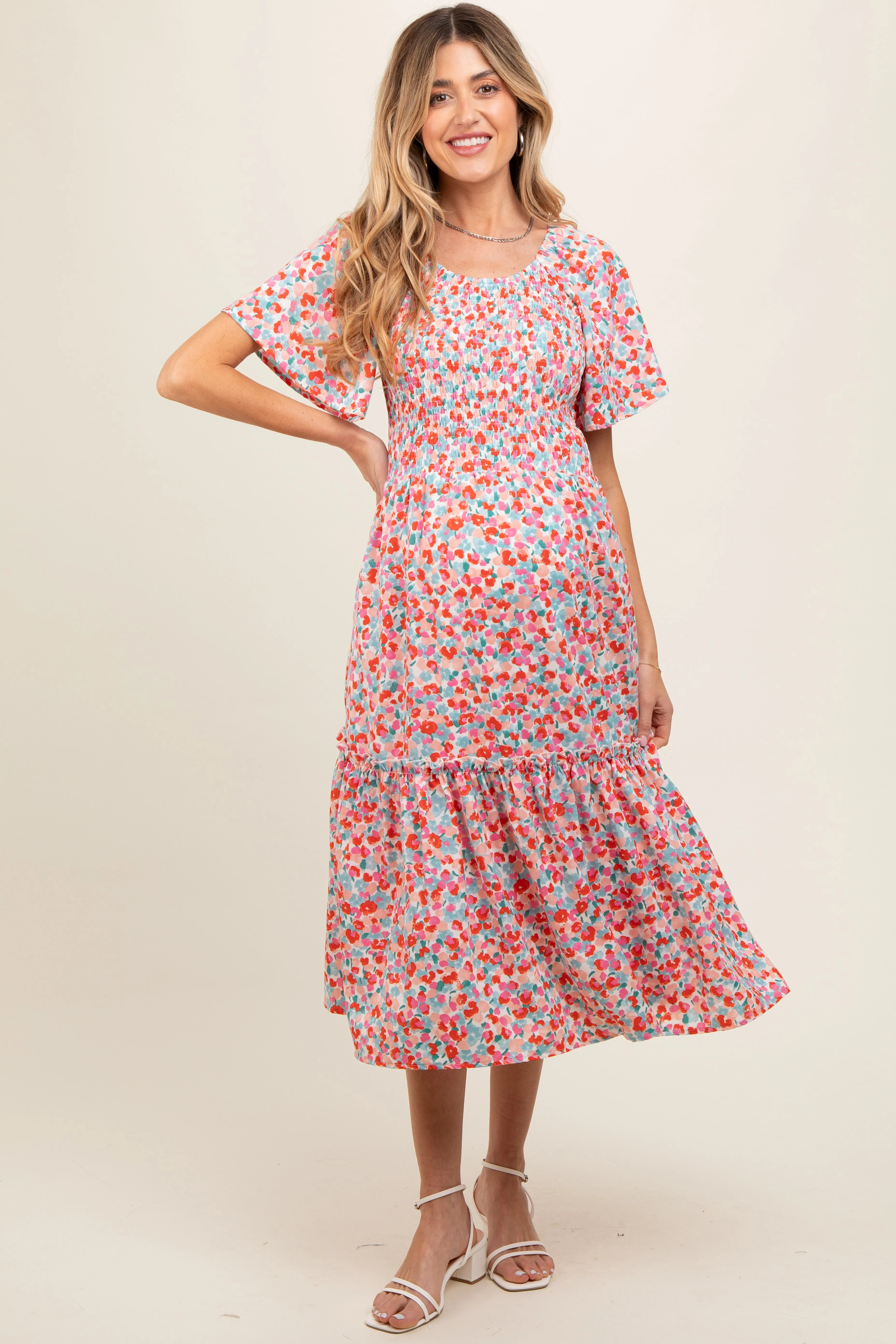 White Multicolor Floral Smocked Maternity Midi Dress sold by Pinkblush