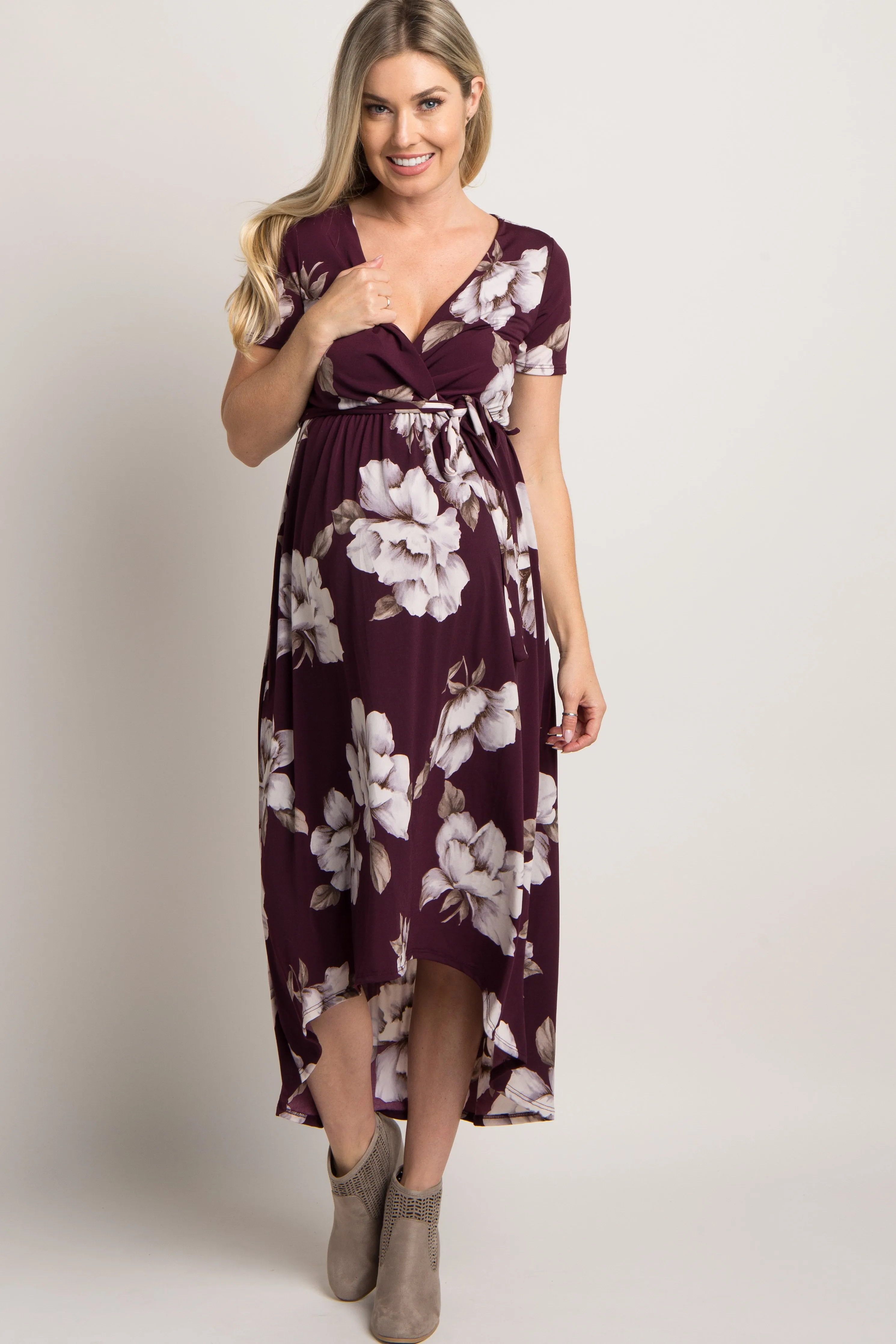 Plum Floral Hi-Low Maternity Wrap Dress sold by Pinkblush product image thumbnail 4