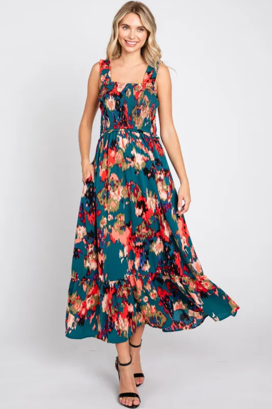 Forest Green Printed Smocked Midi Dress sold by Pinkblush