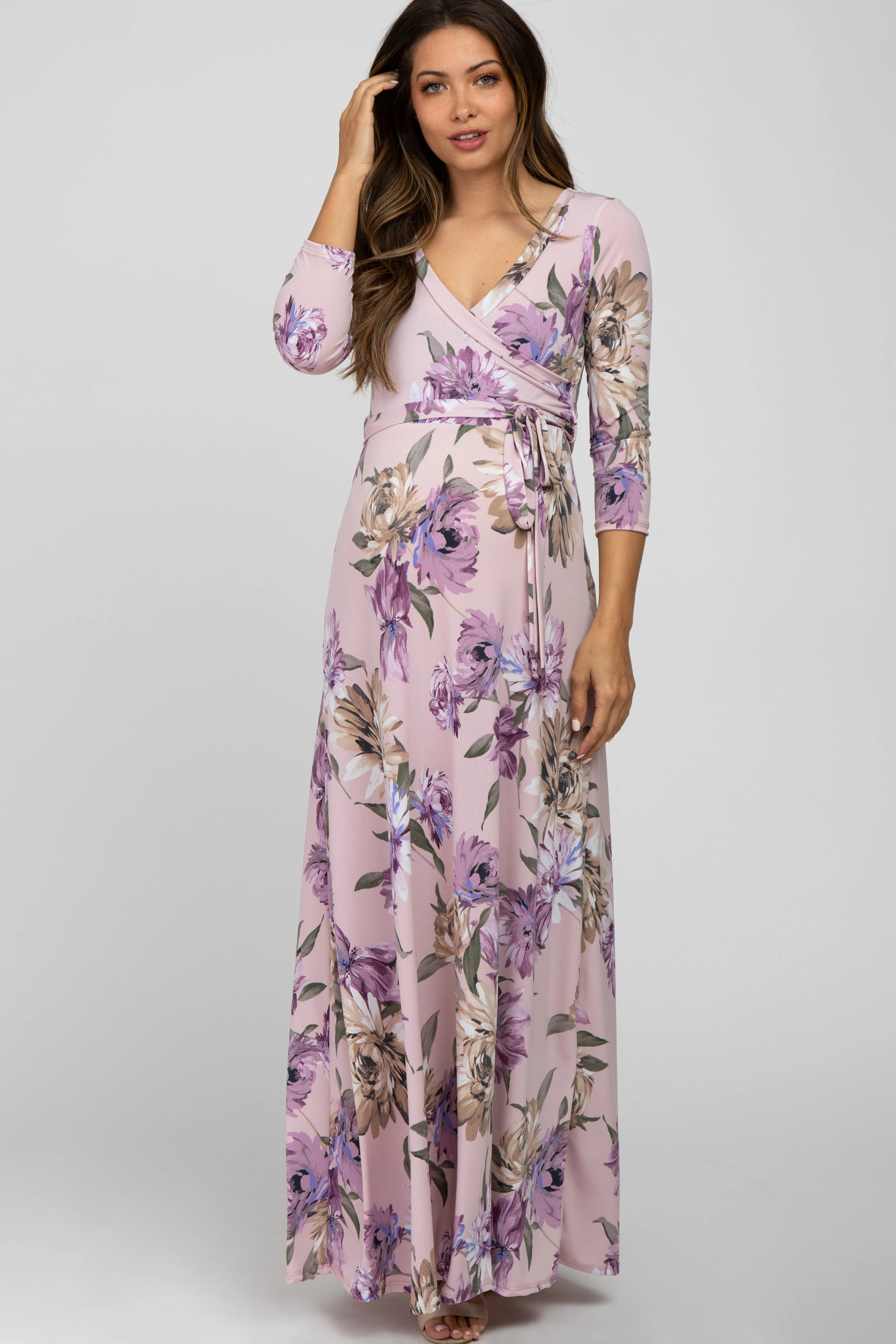 Lavender Floral Maternity Wrap Maxi Dress sold by Pinkblush