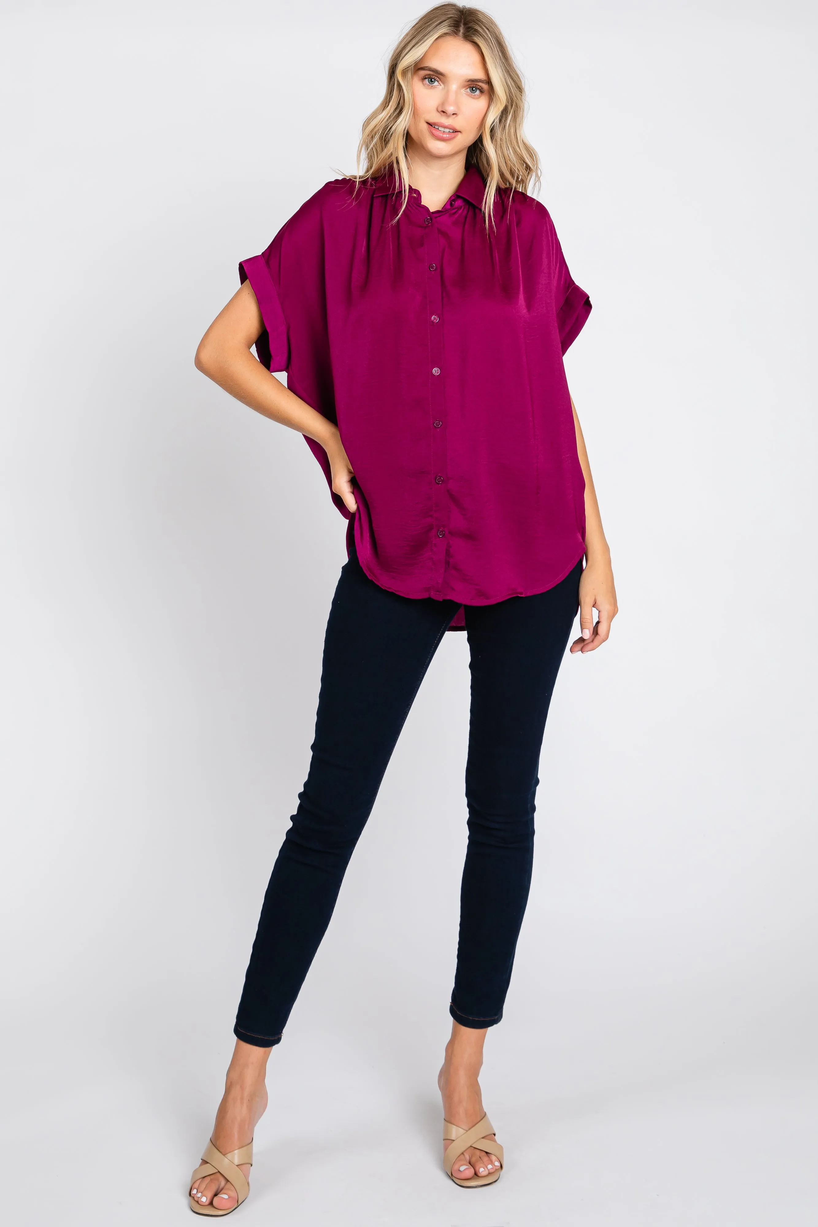 Magenta Satin Button Front Collared Short Sleeve Top sold by Pinkblush product image thumbnail 4