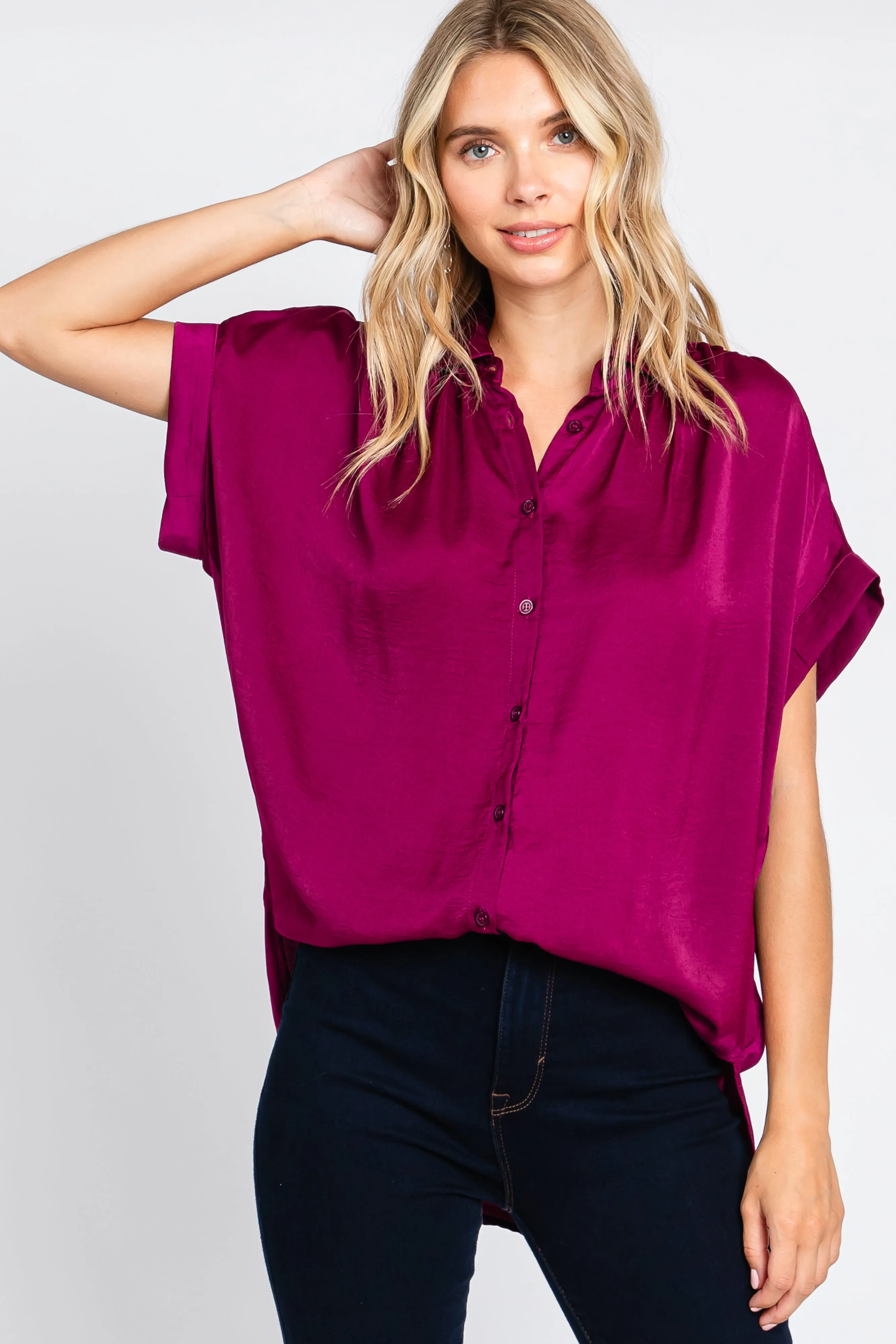 Magenta Satin Button Front Collared Short Sleeve Top sold by Pinkblush