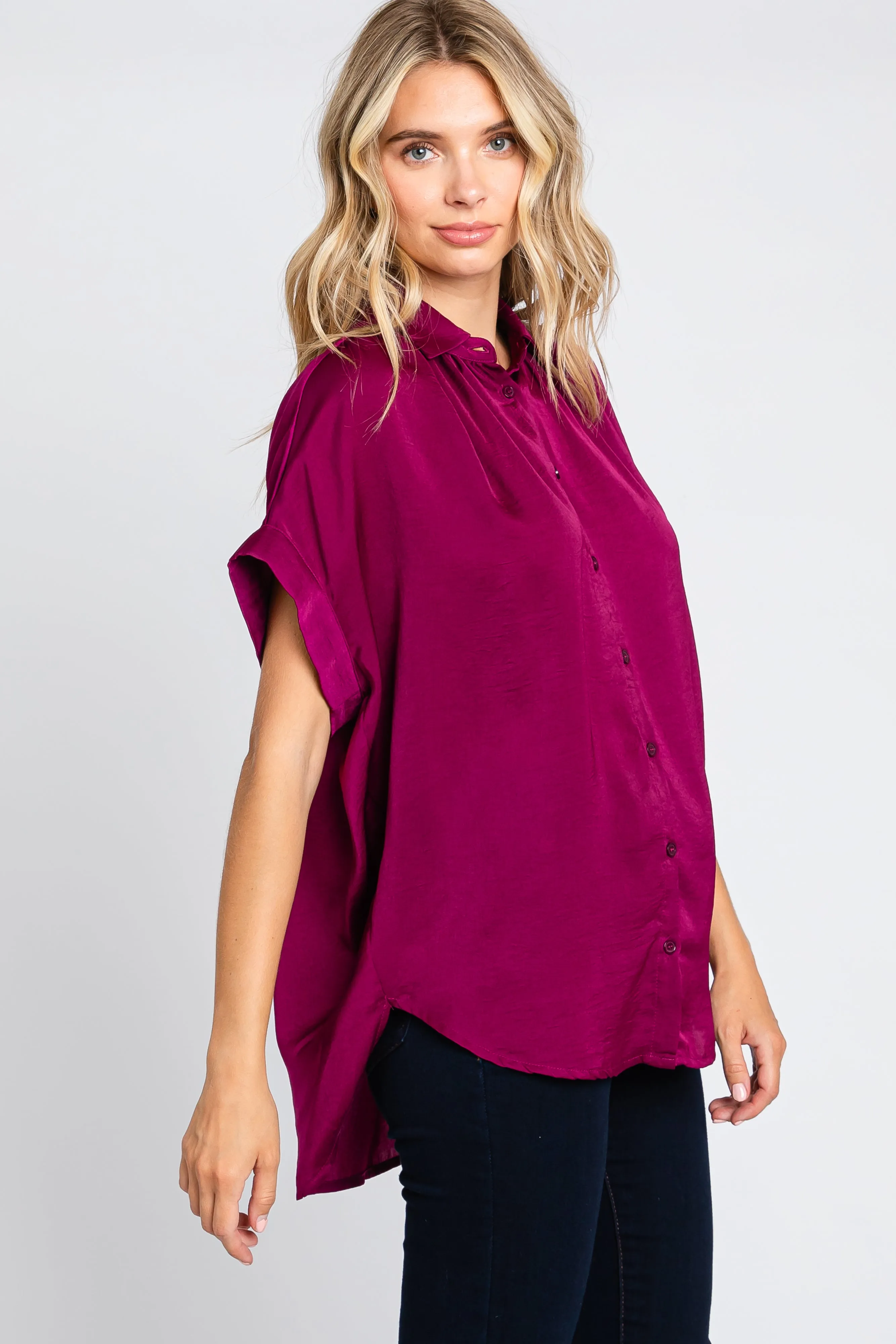 Magenta Satin Button Front Collared Short Sleeve Top sold by Pinkblush product image thumbnail 2