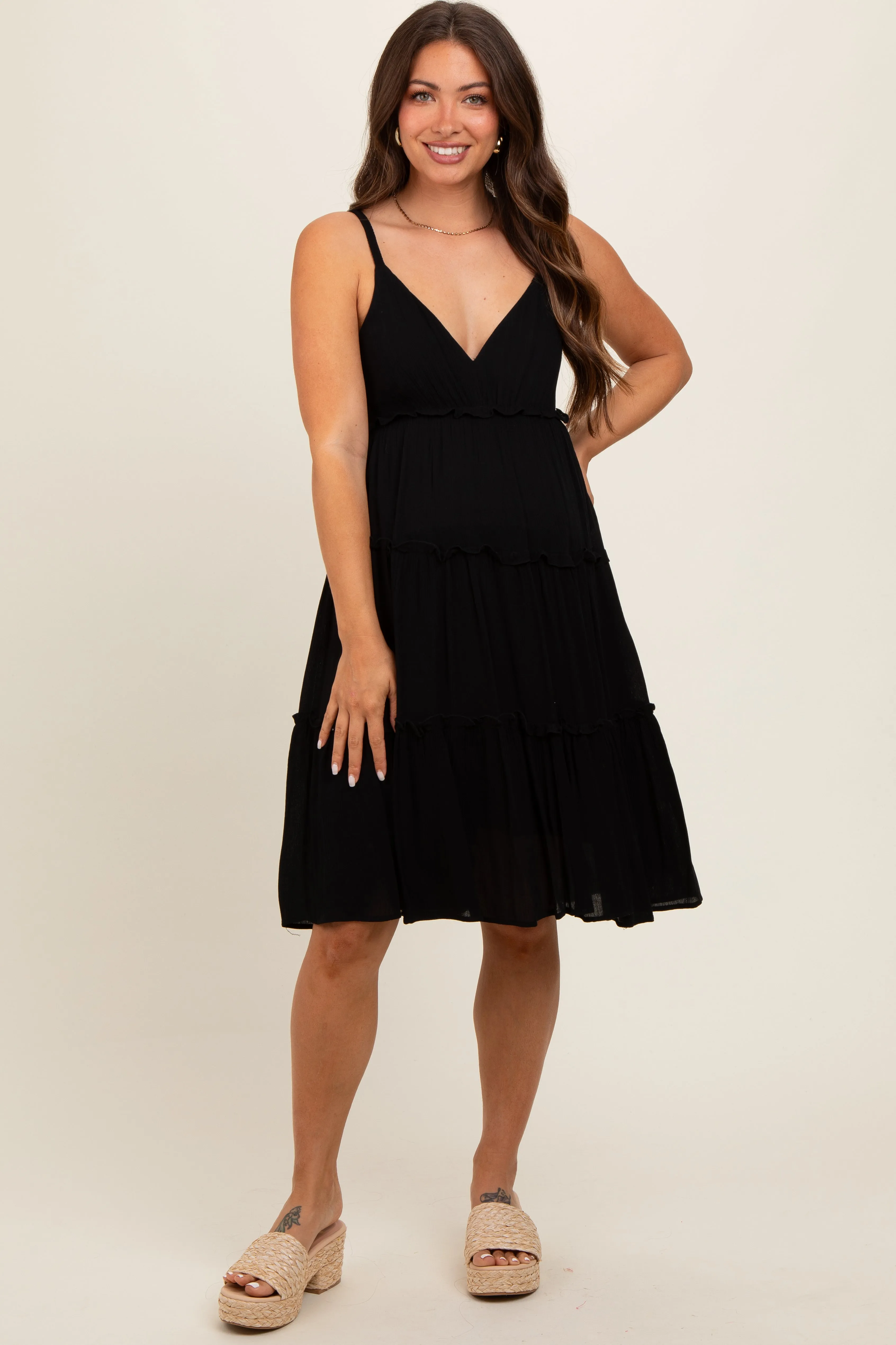 Black Ruffle Tiered Cutout Back Tie Maternity Dress sold by Pinkblush