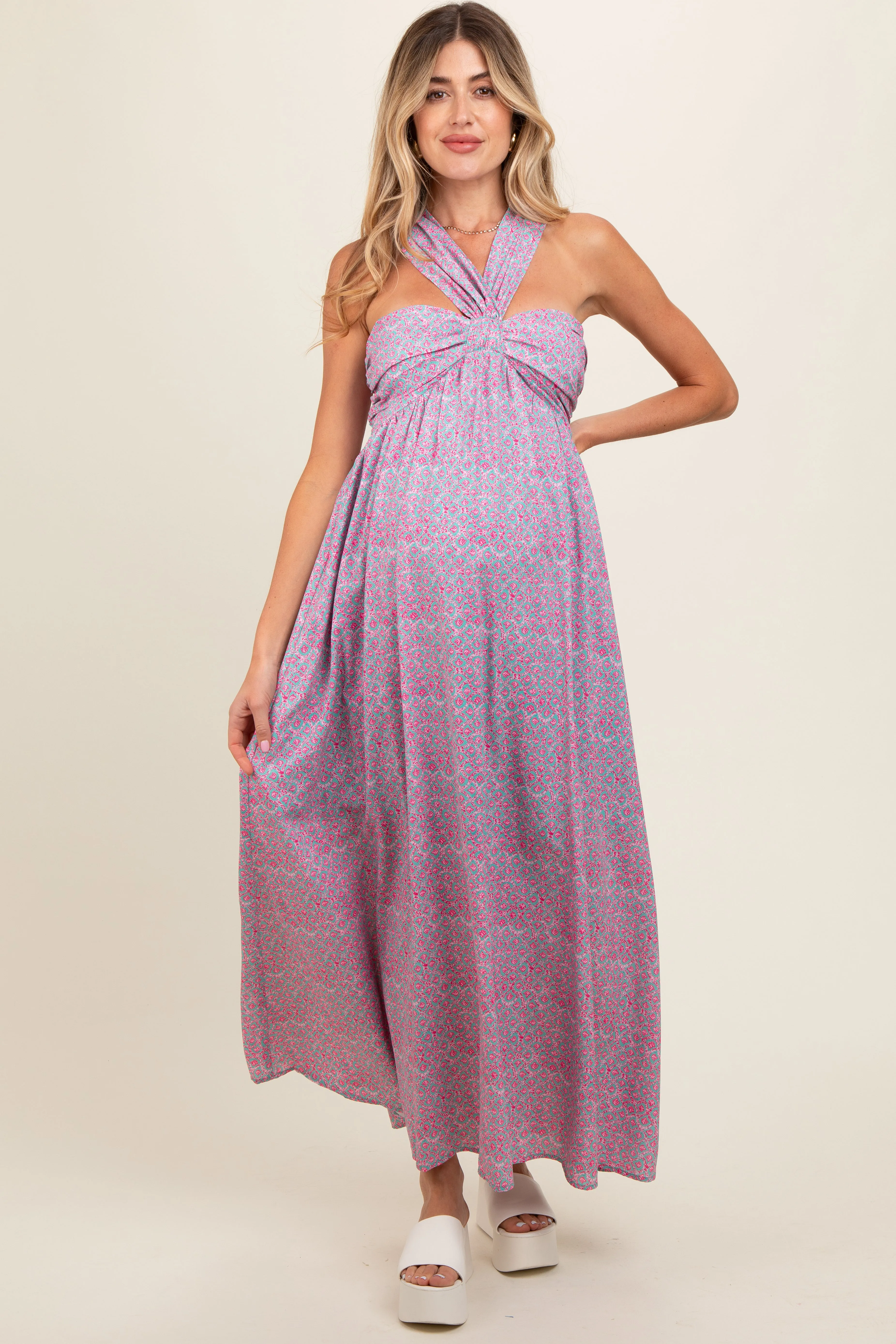 Teal Print Halter Maternity Maxi Dress sold by Pinkblush product image thumbnail 2