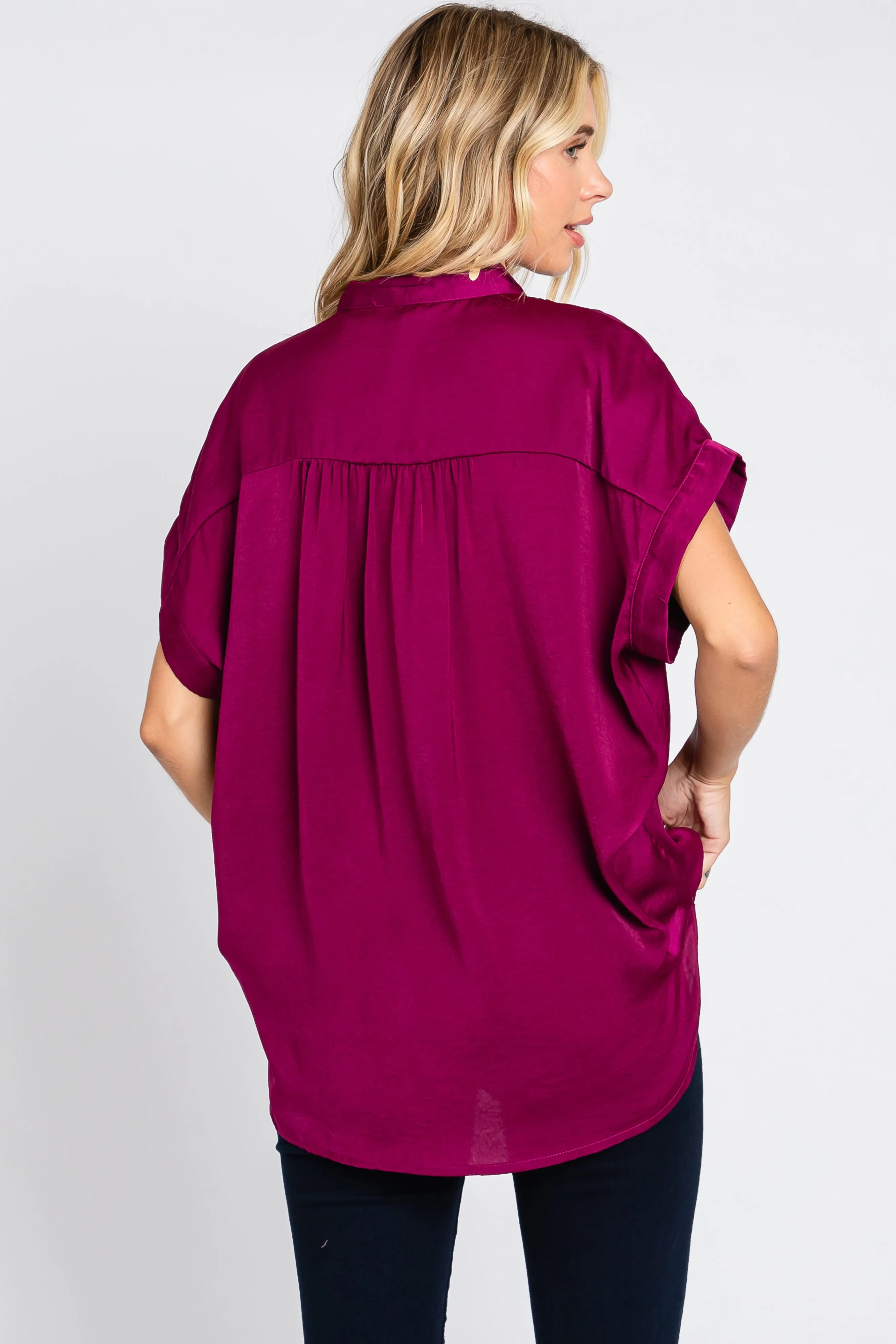 Magenta Satin Button Front Collared Short Sleeve Top sold by Pinkblush product image thumbnail 3