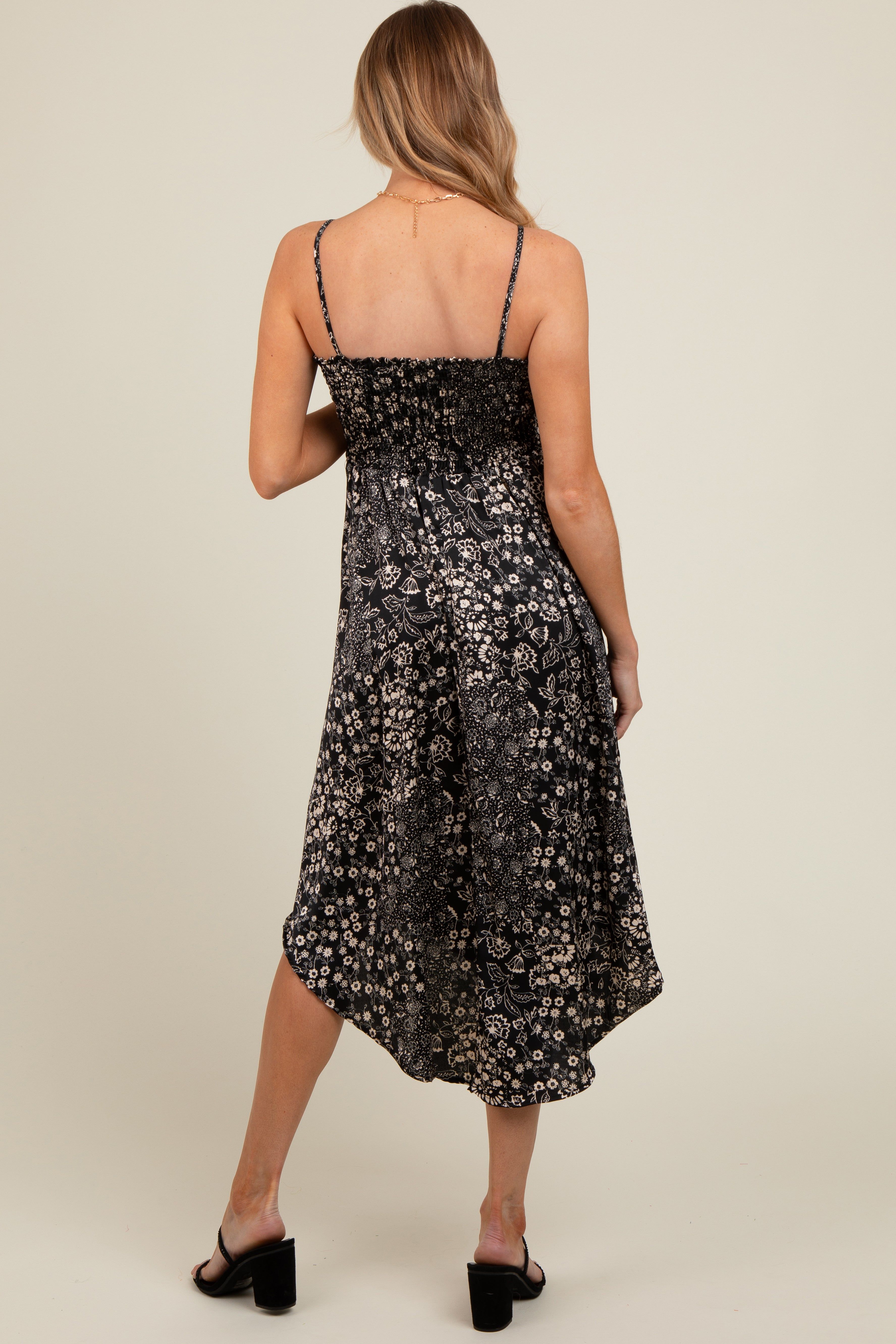 Black Floral Satin Front Tie Sleeveless Maternity Midi Dress sold by Pinkblush product image thumbnail 4