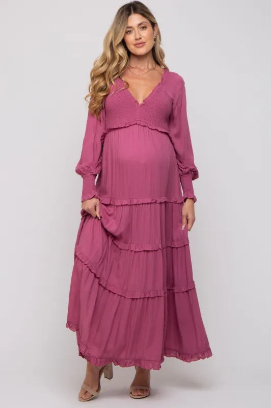 Magenta Smocked Ruffle Tiered Maternity Maxi Dress sold by Pinkblush