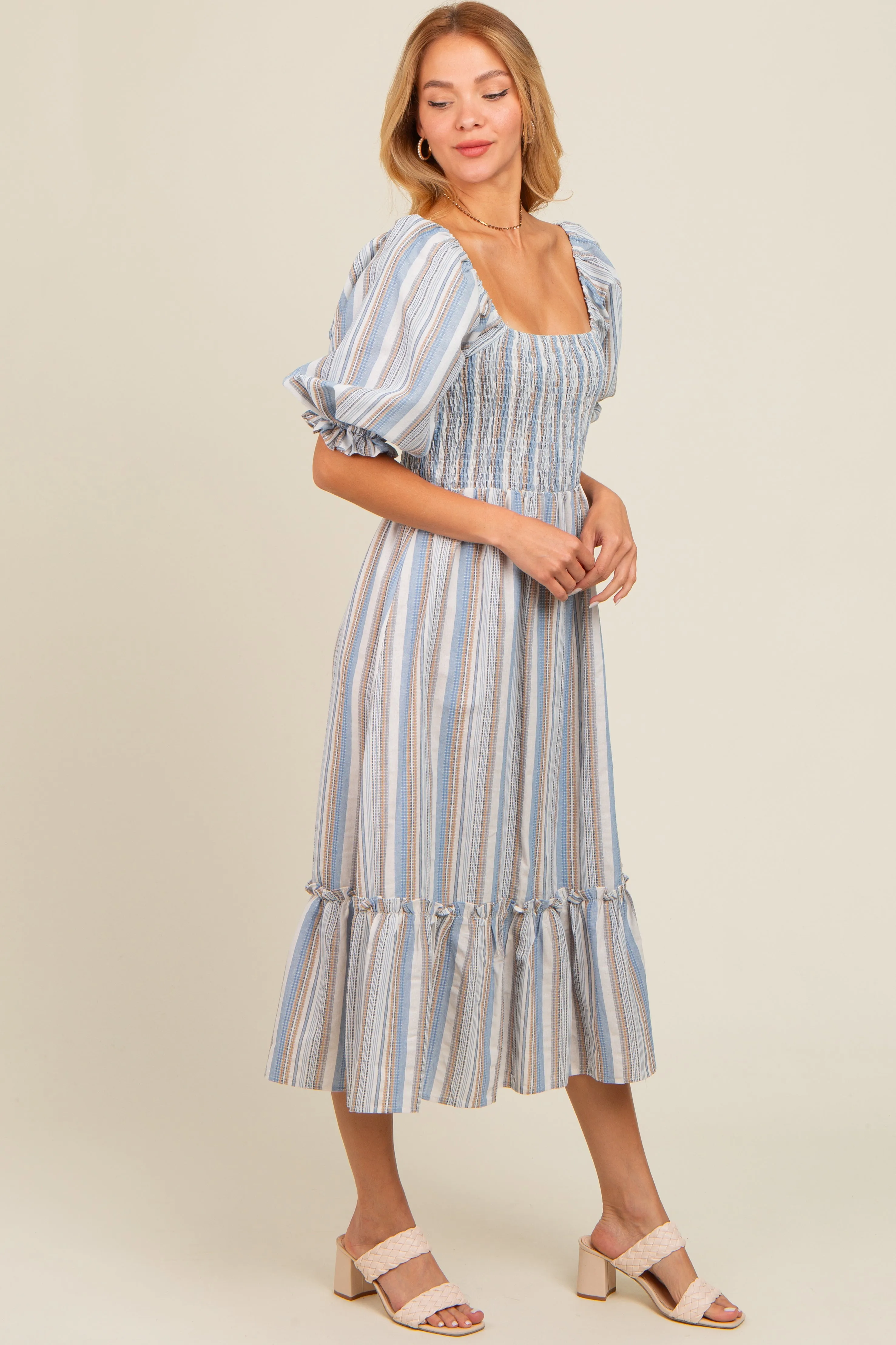 Blue Striped Smocked Puff Sleeve Midi Dress sold by Pinkblush