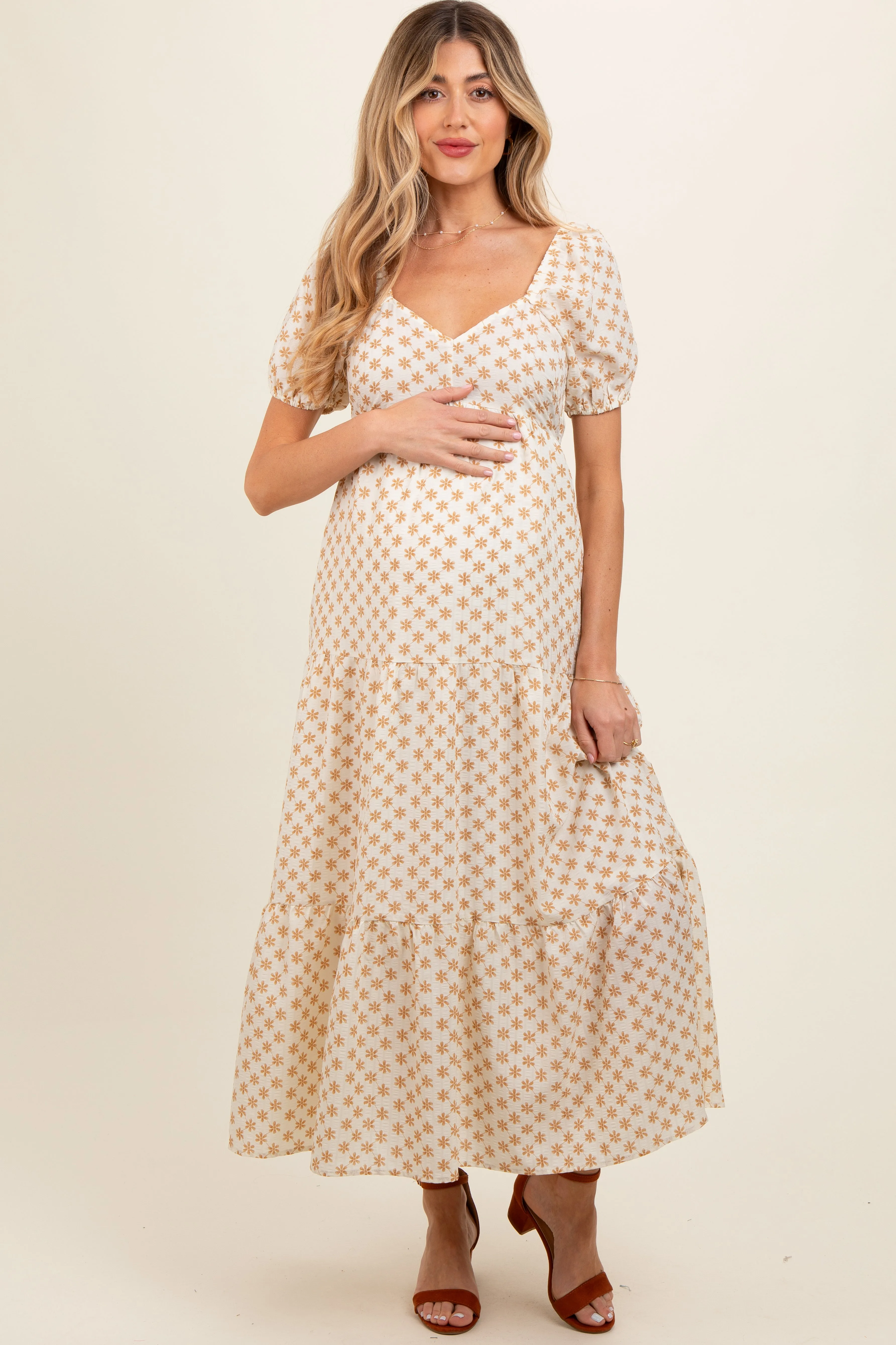 Yellow Floral Tiered Maternity Maxi Dress sold by Pinkblush