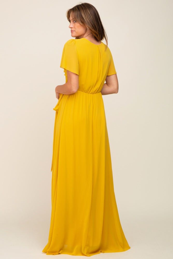 Yellow Chiffon Short Sleeve Wrap V-Neck Front Slit Maxi Dress sold by Pinkblush product image thumbnail 3