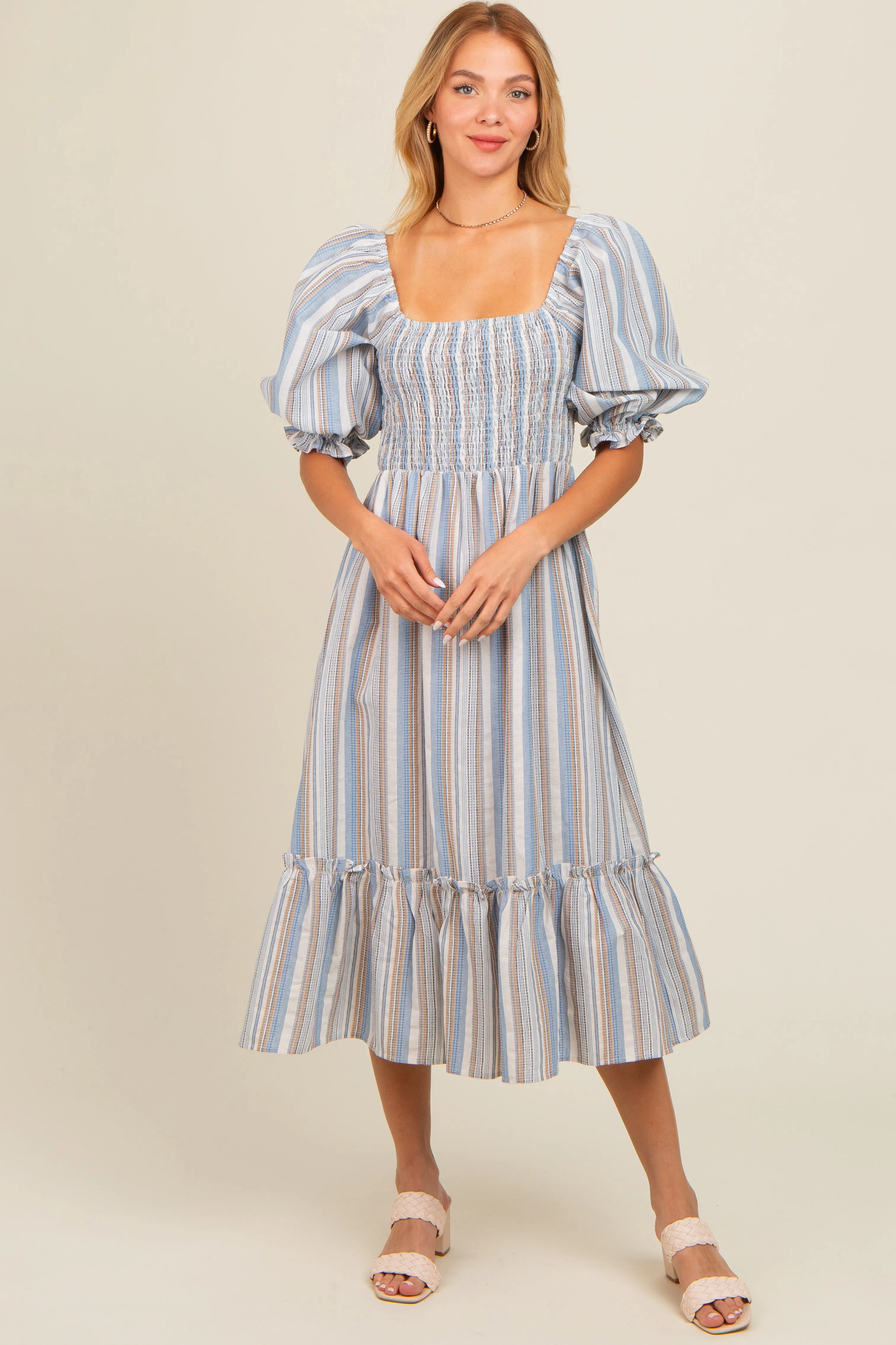 Blue Striped Smocked Puff Sleeve Midi Dress sold by Pinkblush product image thumbnail 2