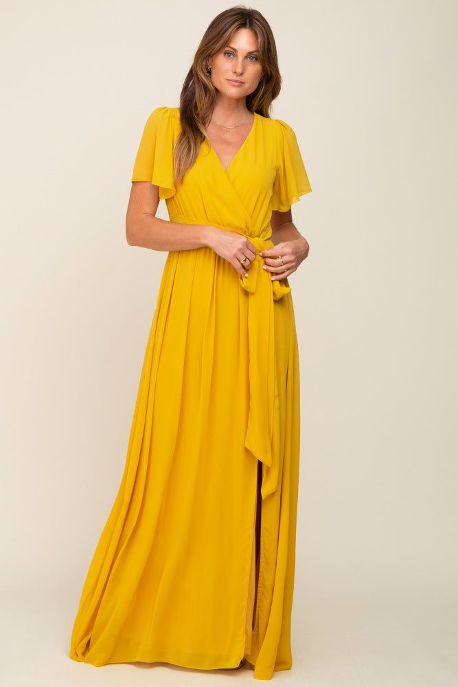 Yellow Chiffon Short Sleeve Wrap V-Neck Front Slit Maxi Dress sold by Pinkblush product image thumbnail 4