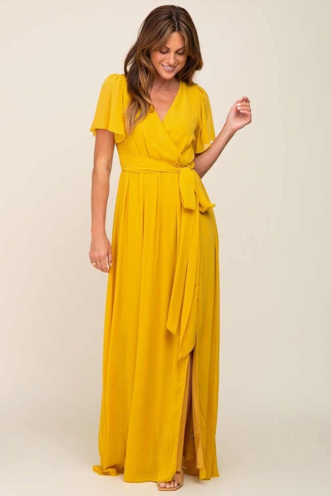 Yellow Chiffon Short Sleeve Wrap V-Neck Front Slit Maxi Dress sold by Pinkblush