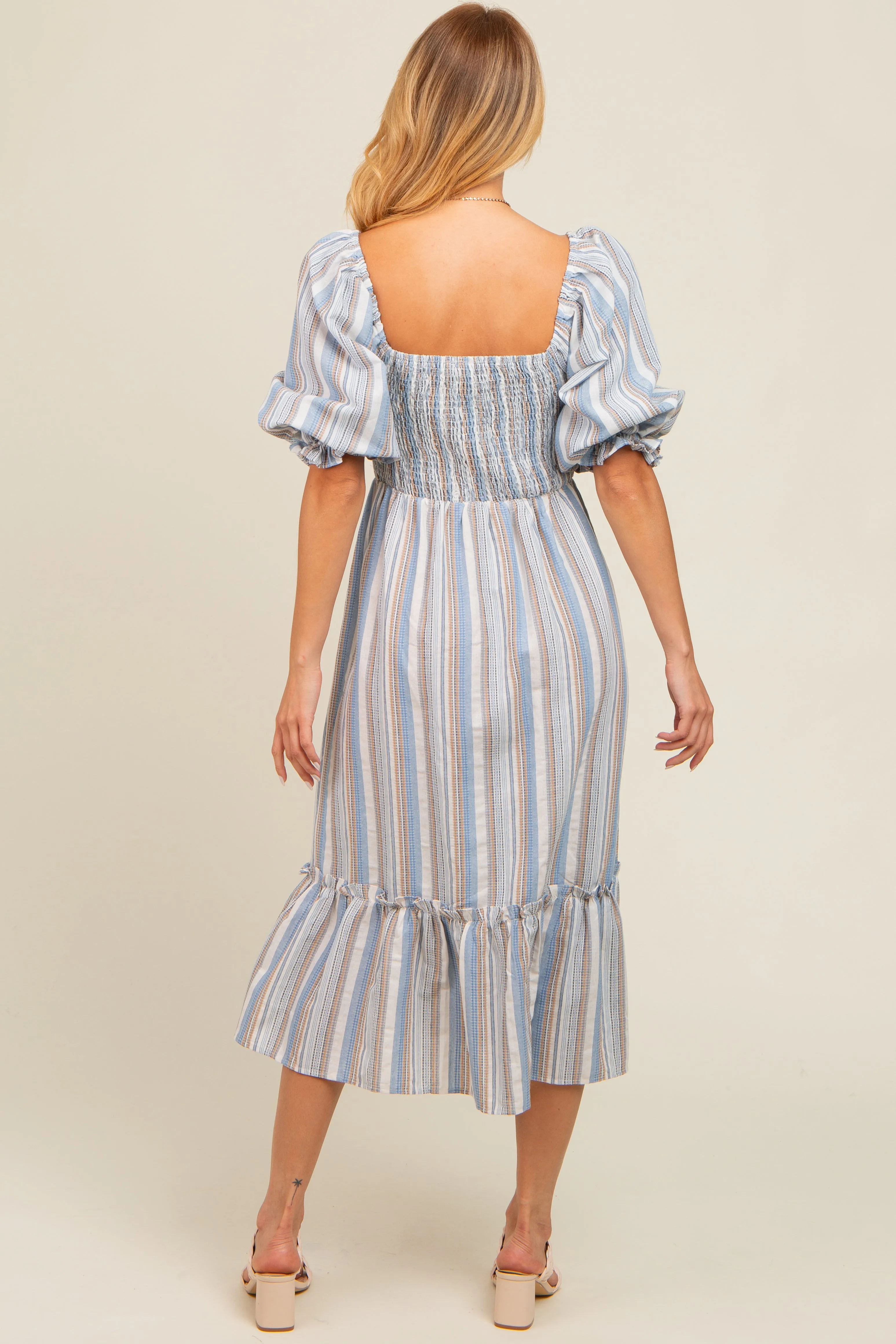 Blue Striped Smocked Puff Sleeve Midi Dress sold by Pinkblush product image thumbnail 3