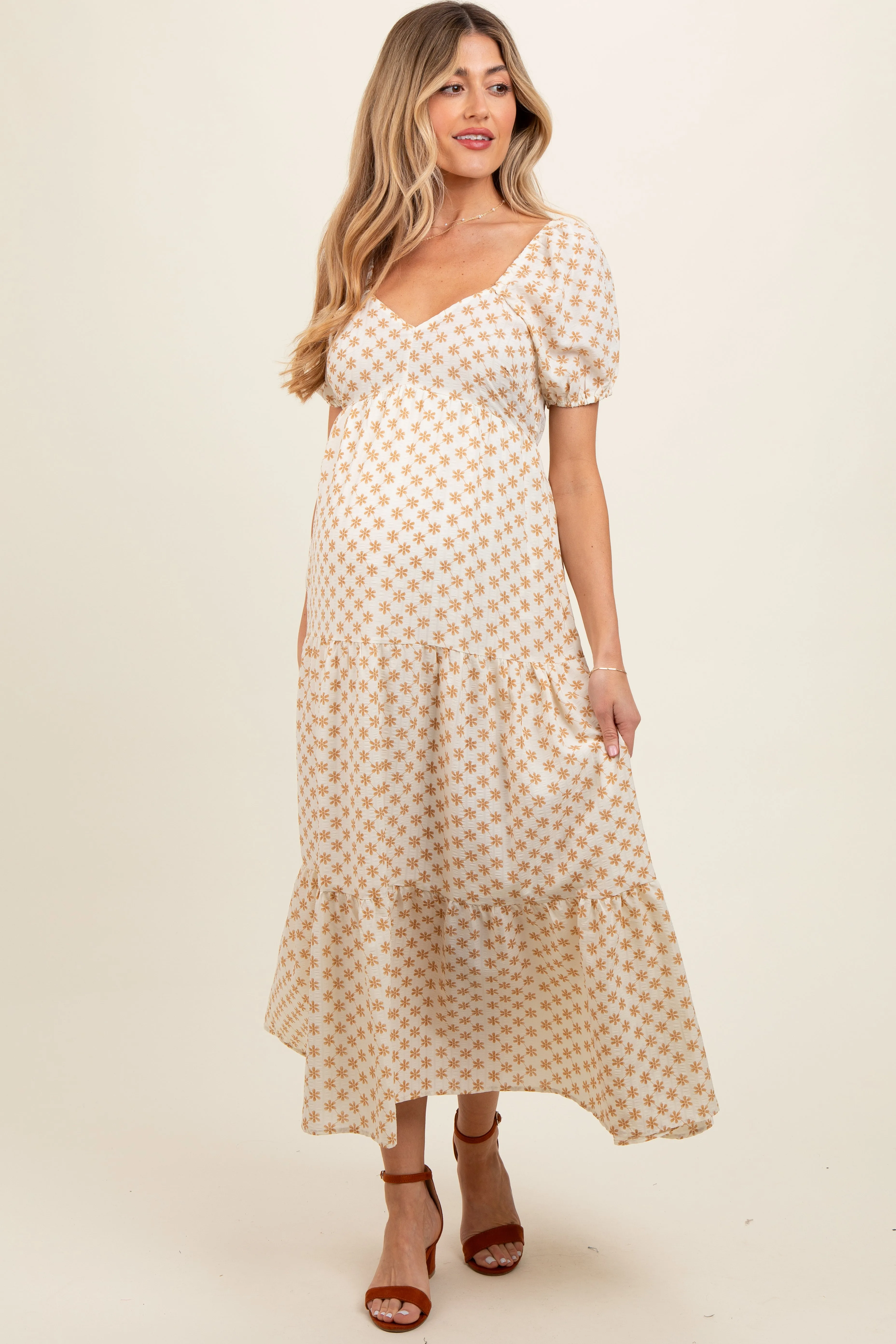 Yellow Floral Tiered Maternity Maxi Dress sold by Pinkblush product image thumbnail 3