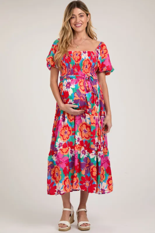 Red Floral Square Neck Smocked Tiered Maternity Midi Dress sold by Pinkblush