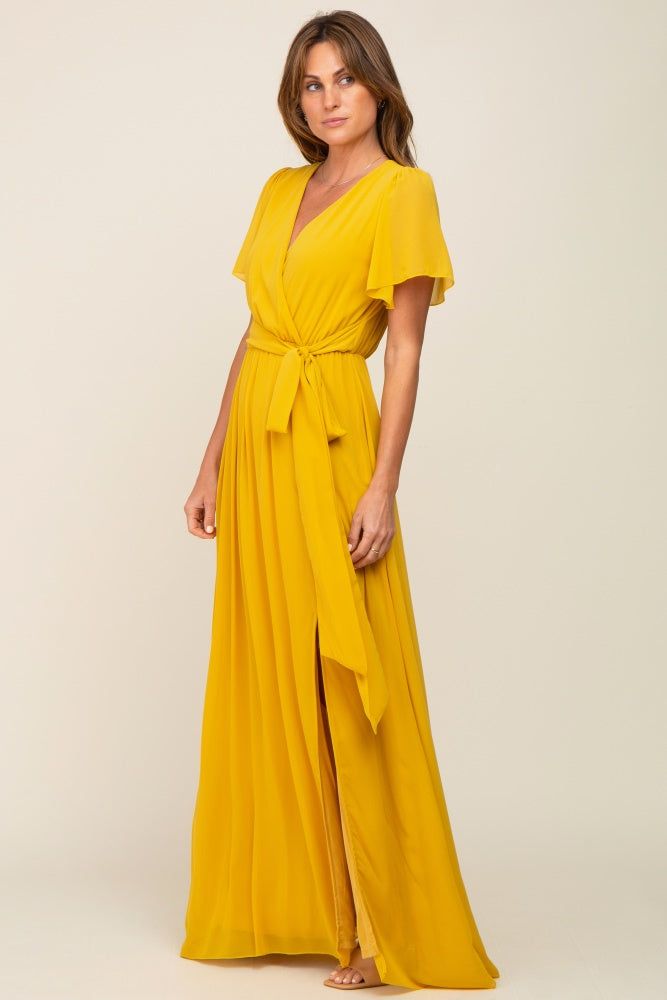 Yellow Chiffon Short Sleeve Wrap V-Neck Front Slit Maxi Dress sold by Pinkblush product image thumbnail 2