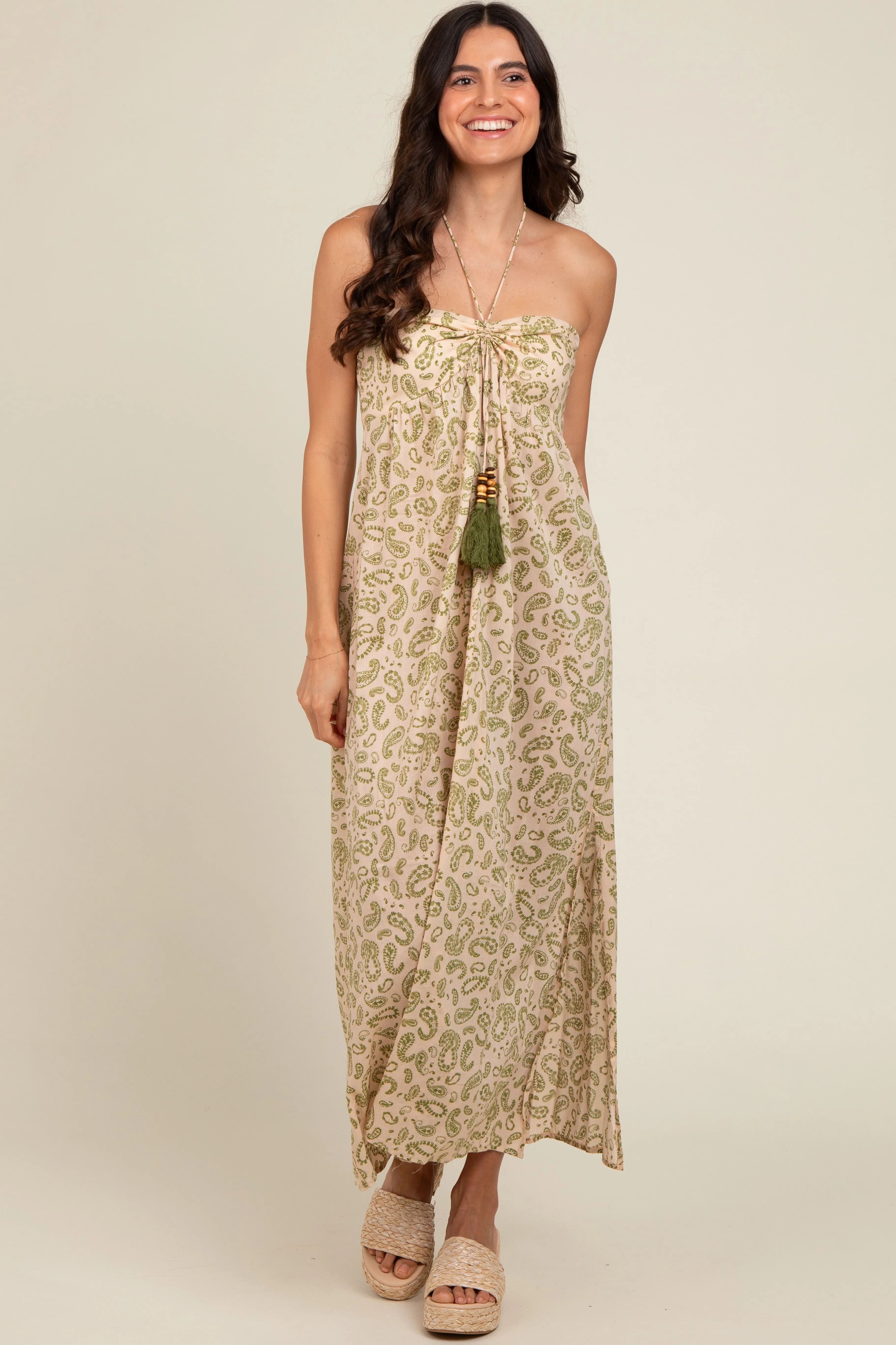 Olive Paisley Print Halter Maternity Midi Dress sold by Pinkblush product image thumbnail 5