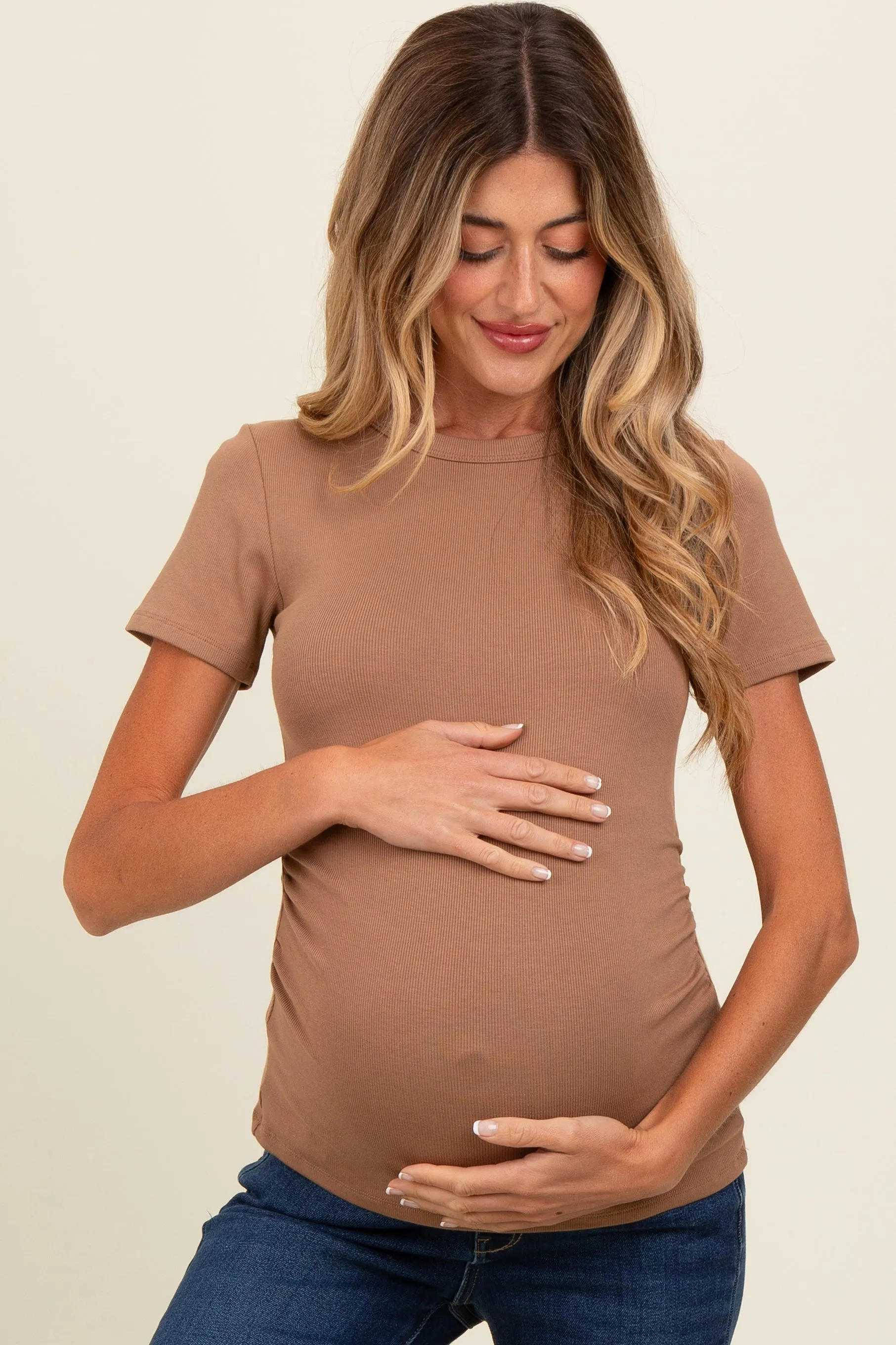Mocha Ruched Micro-Rib Maternity Top sold by Pinkblush product image thumbnail 2