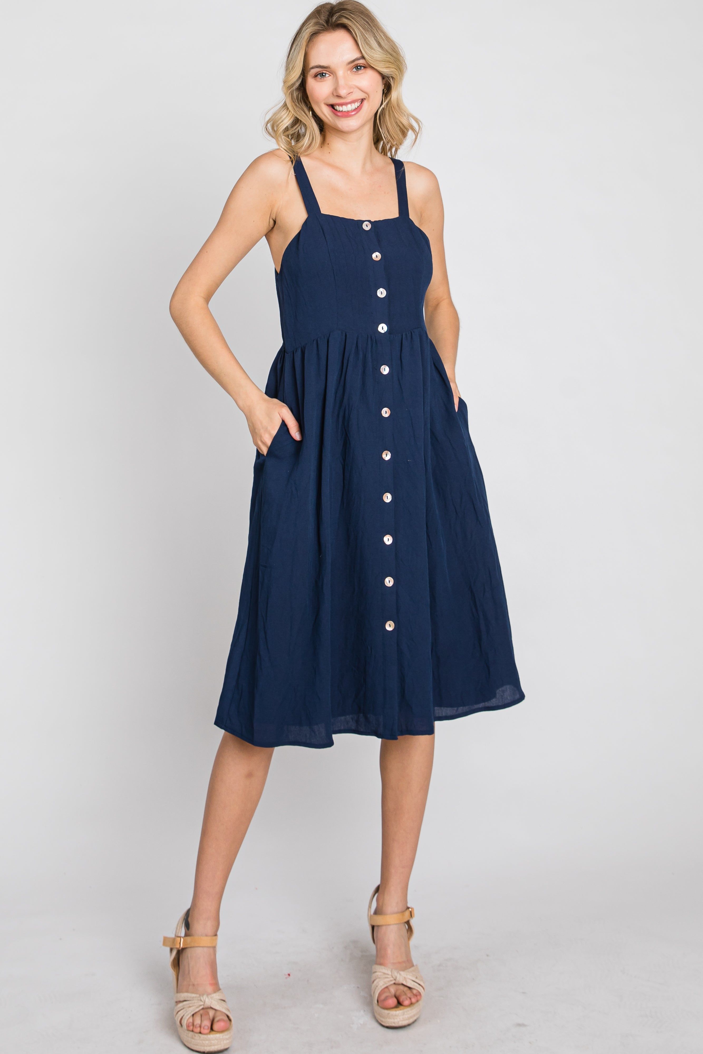 Navy Button Front Midi Dress sold by Pinkblush product image thumbnail 4