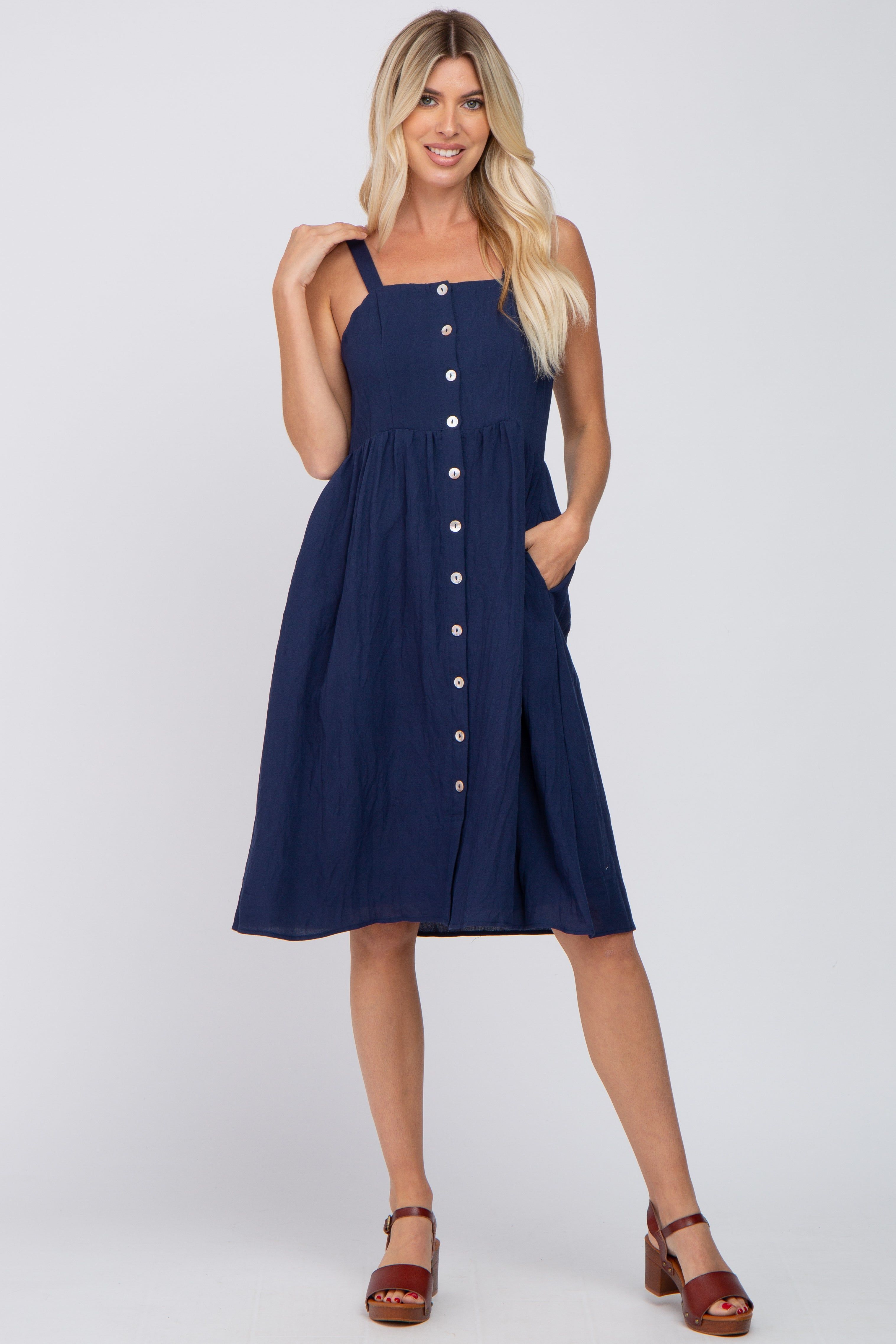 Navy Button Front Midi Dress sold by Pinkblush