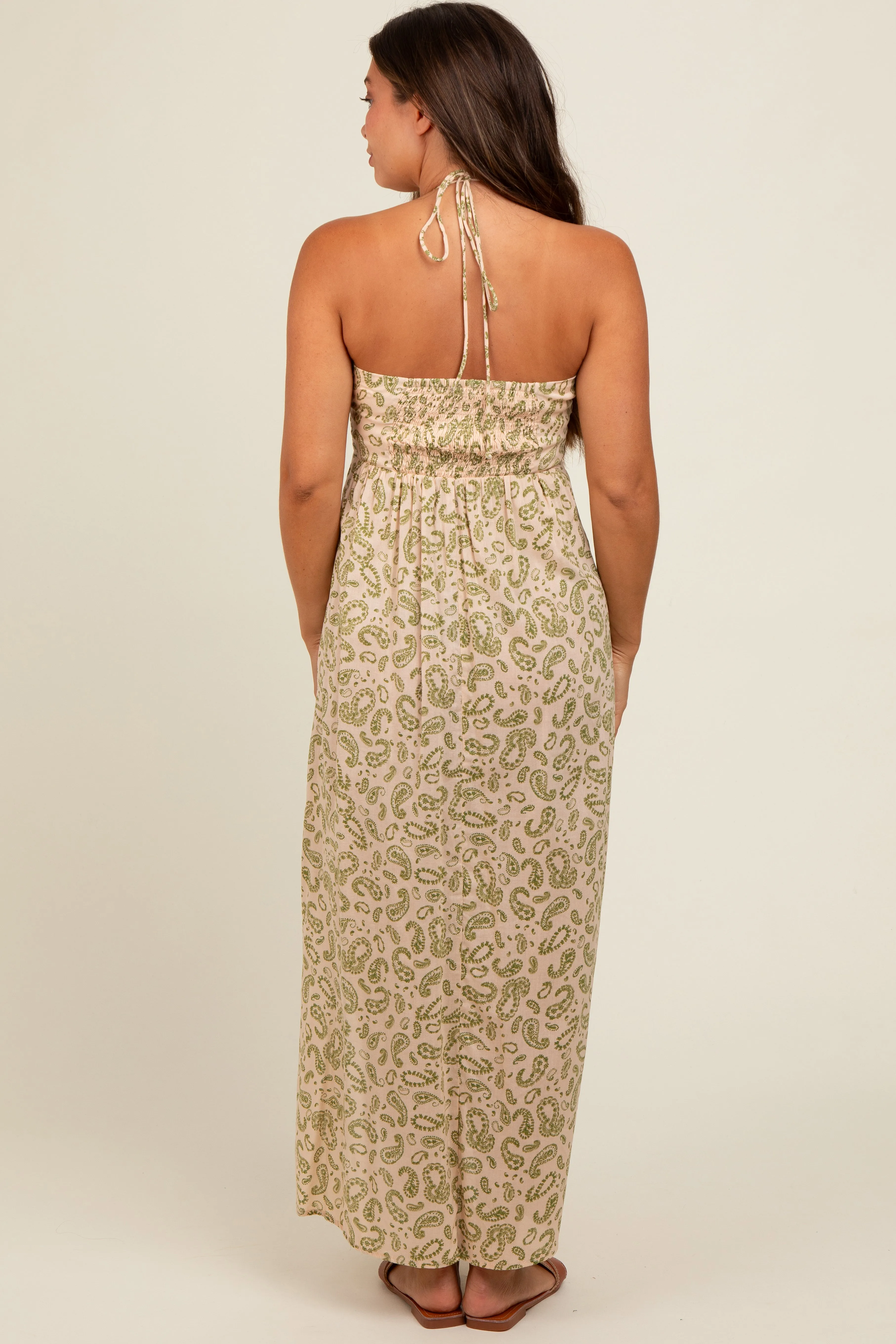 Olive Paisley Print Halter Maternity Midi Dress sold by Pinkblush product image thumbnail 4