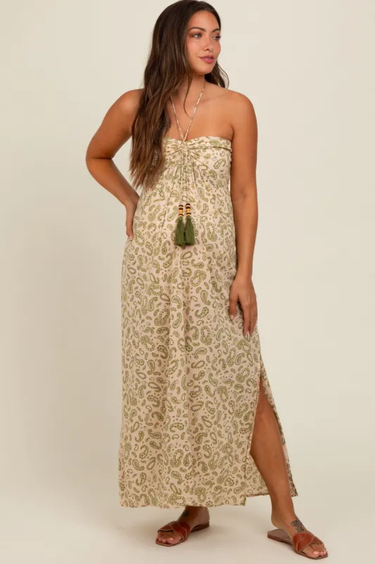 Olive Paisley Print Halter Maternity Midi Dress sold by Pinkblush