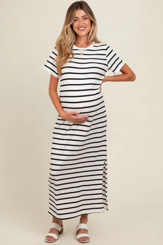 White Striped Side Slit Maternity Maxi Dress sold by Pinkblush