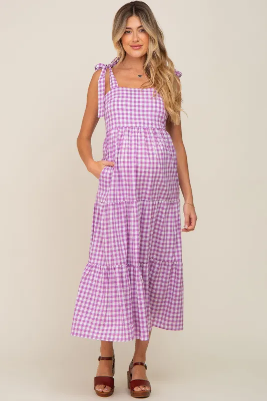 Lavender Checkered Sleeveless Tiered Maternity Maxi Dress sold by Pinkblush