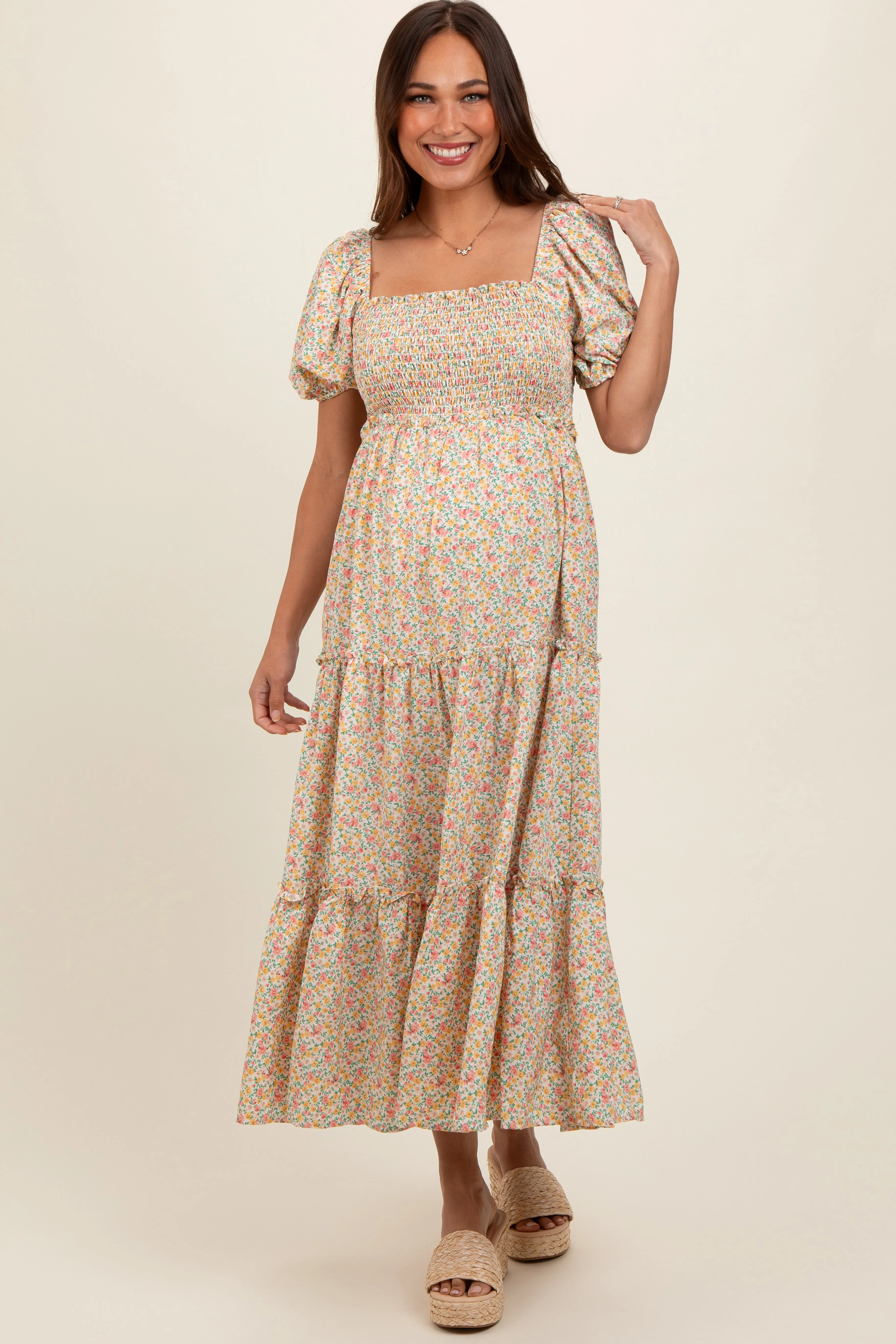Cream Floral Smocked Tiered Puff Sleeve Maternity Maxi Dress sold by Pinkblush