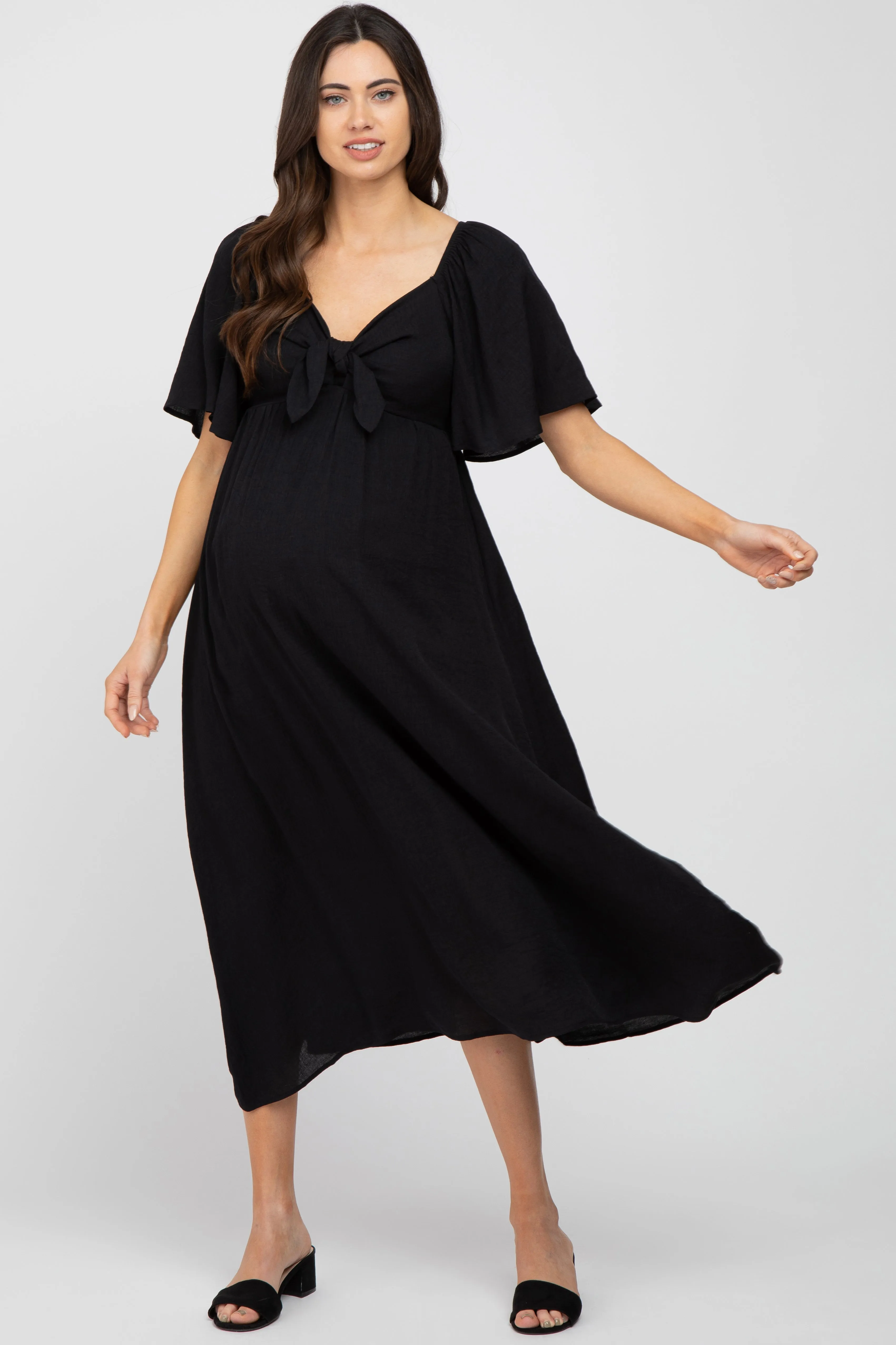 Black Front Tie Ruffle Sleeve Maternity Midi Dress sold by Pinkblush