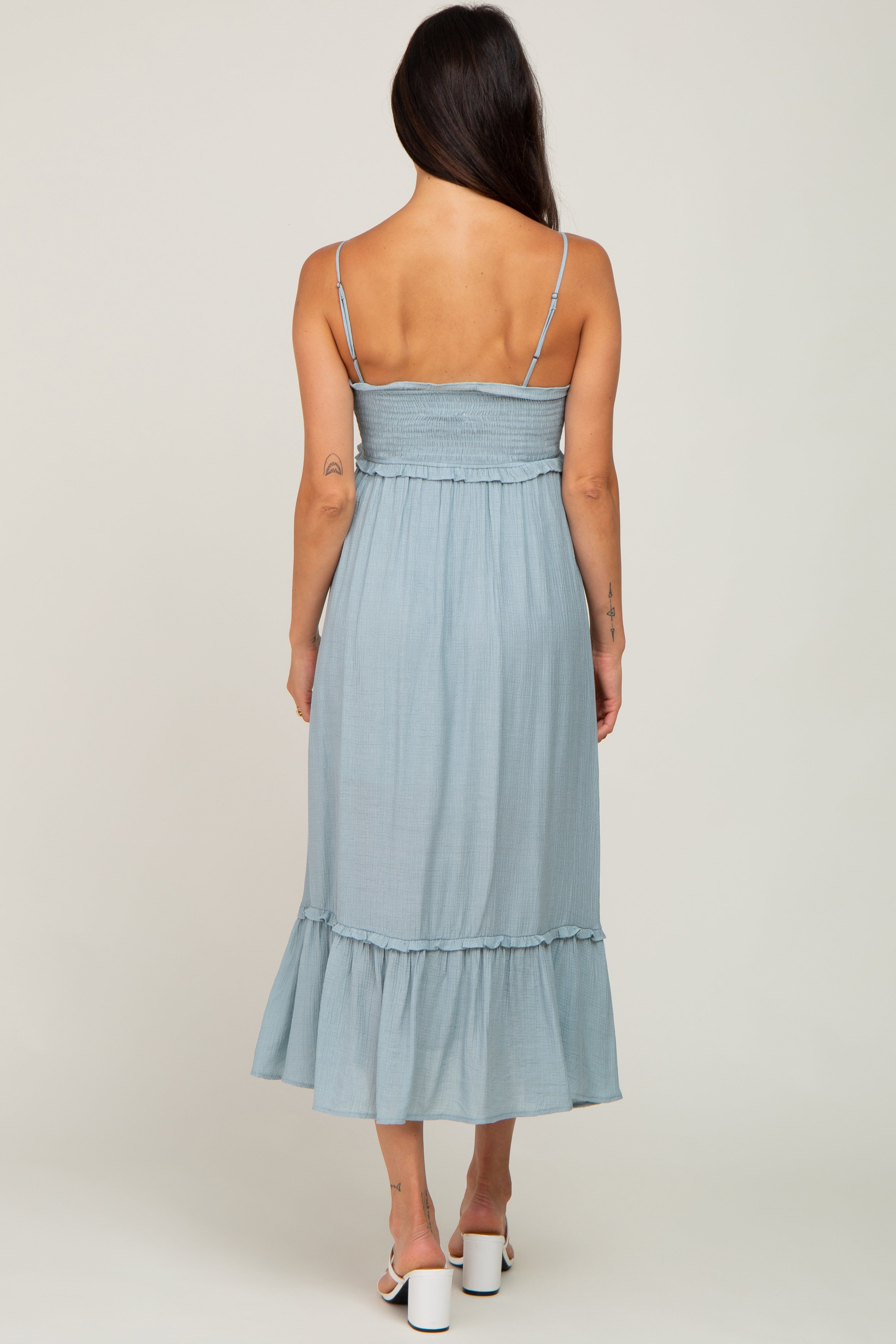 Light Blue Smocked Button Accent Midi Dress sold by Pinkblush product image thumbnail 3