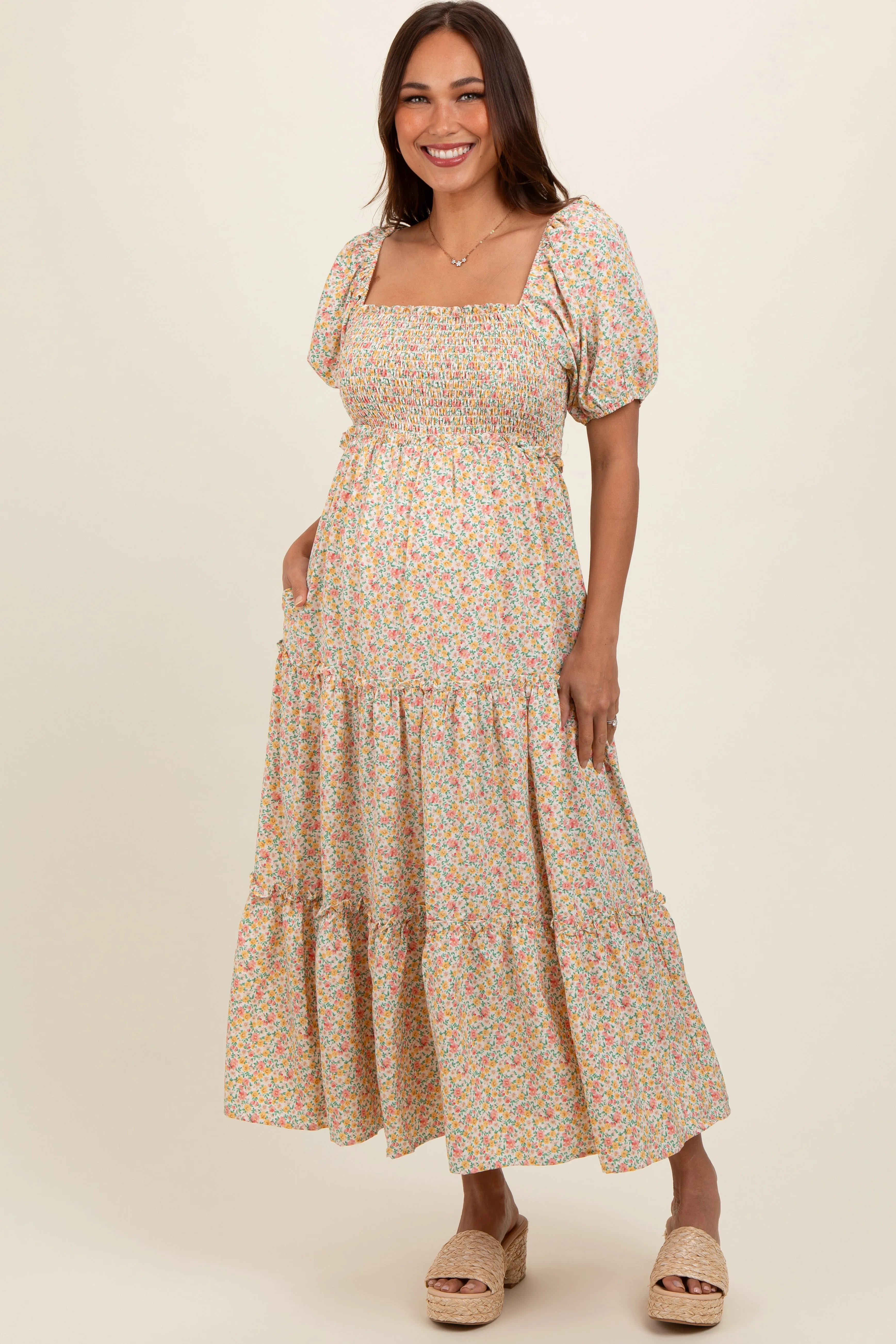 Cream Floral Smocked Tiered Puff Sleeve Maternity Maxi Dress sold by Pinkblush product image thumbnail 2