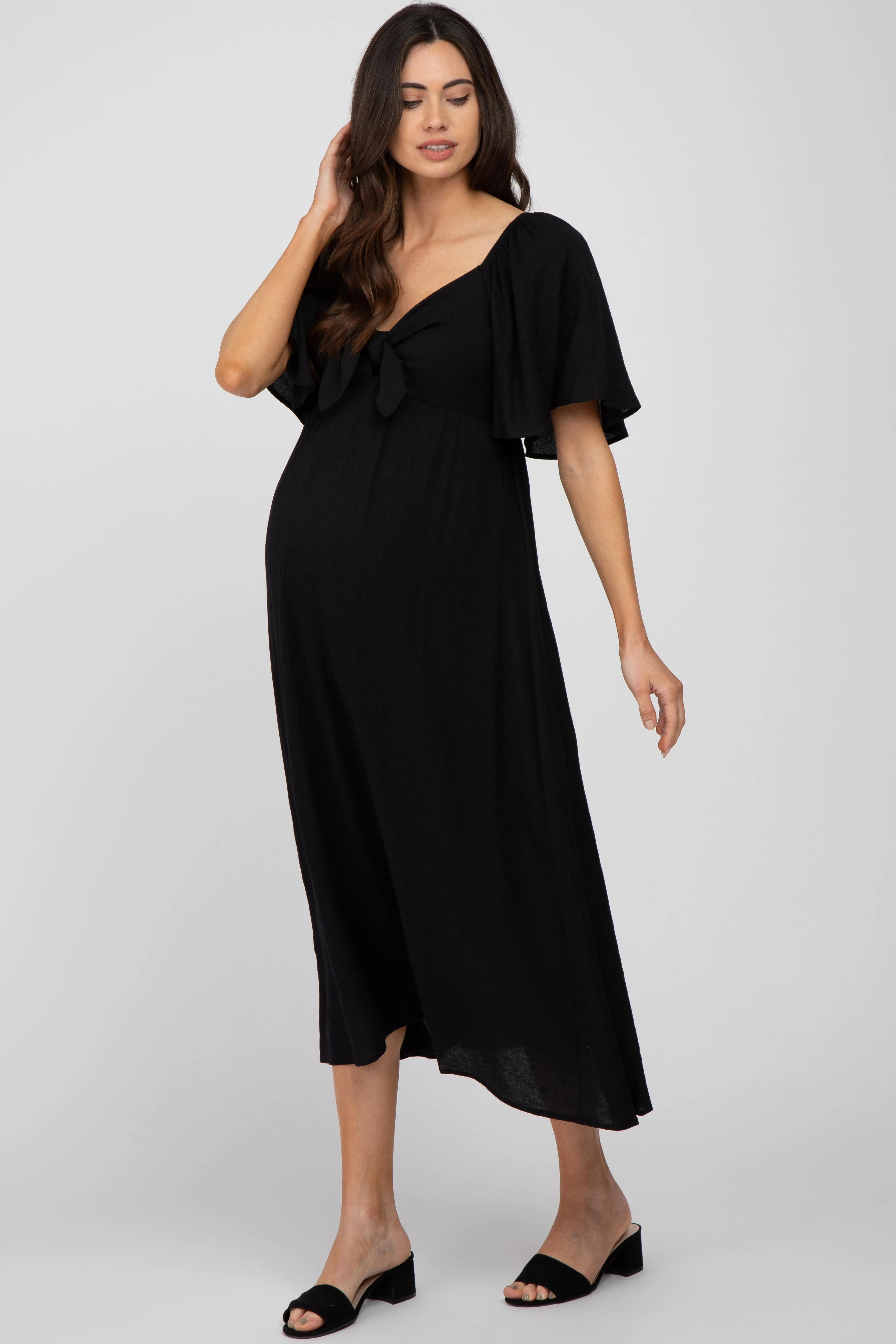 Black Front Tie Ruffle Sleeve Maternity Midi Dress sold by Pinkblush product image thumbnail 2