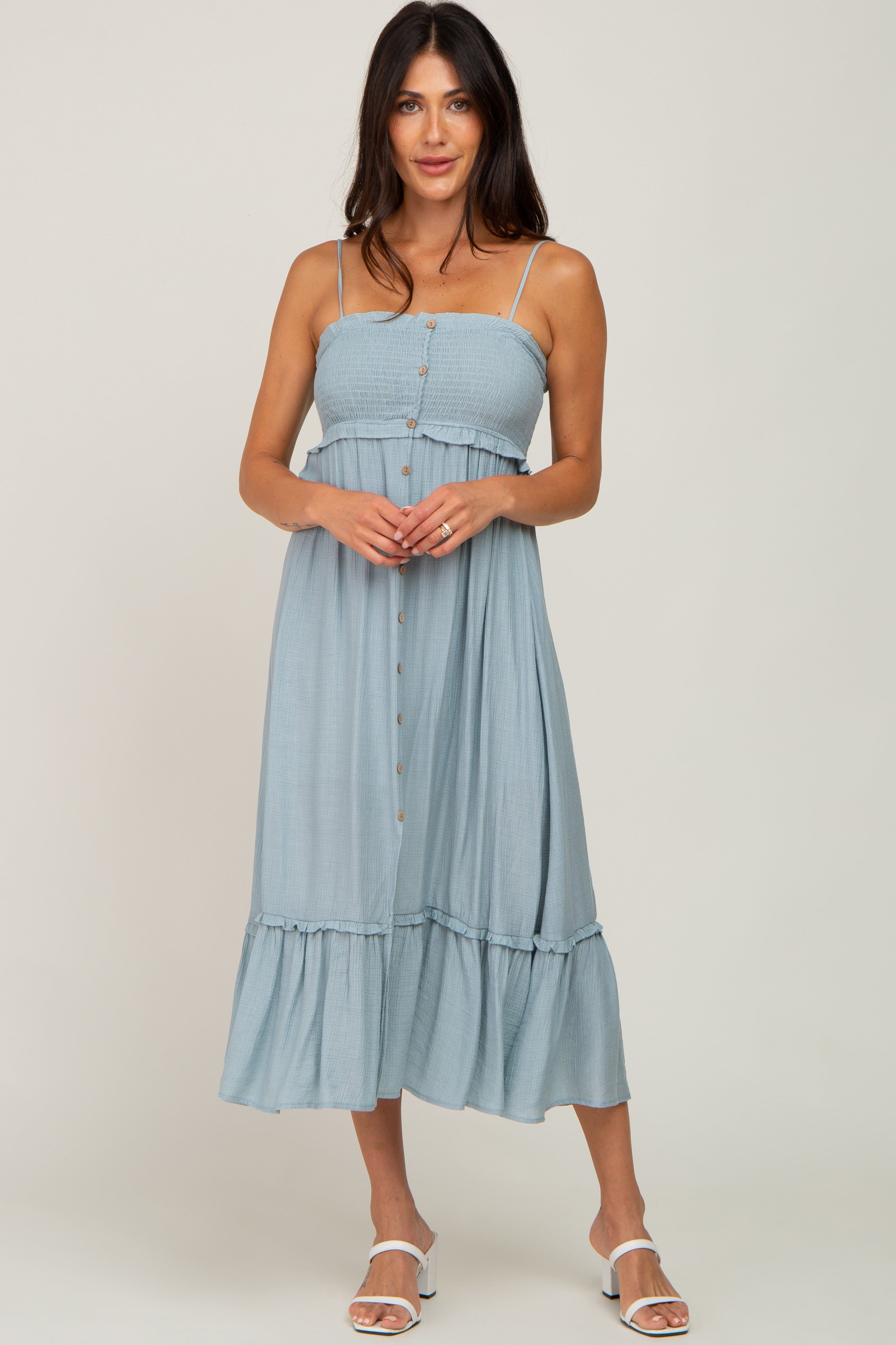 Light Blue Smocked Button Accent Midi Dress sold by Pinkblush product image thumbnail 4