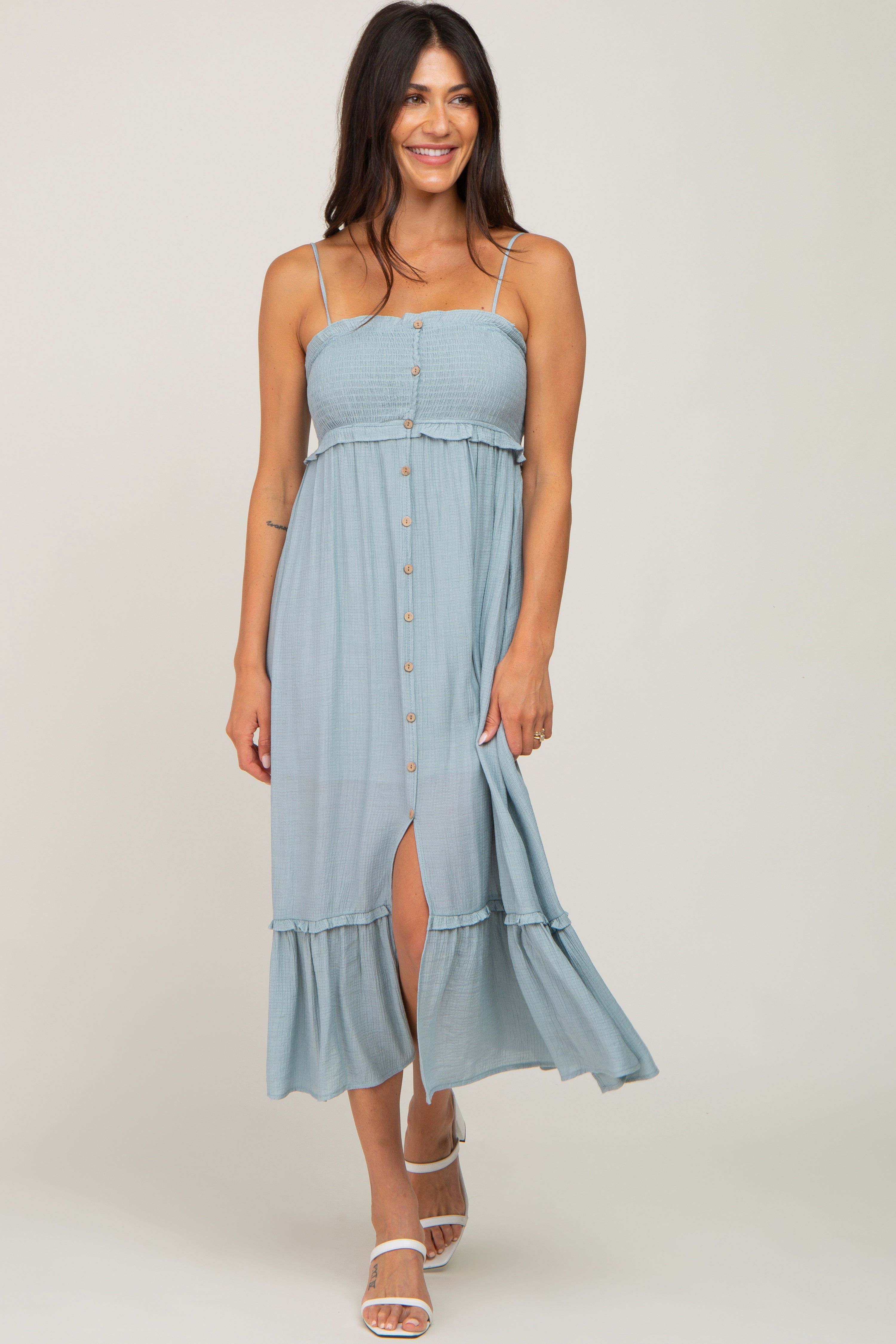 Light Blue Smocked Button Accent Midi Dress sold by Pinkblush
