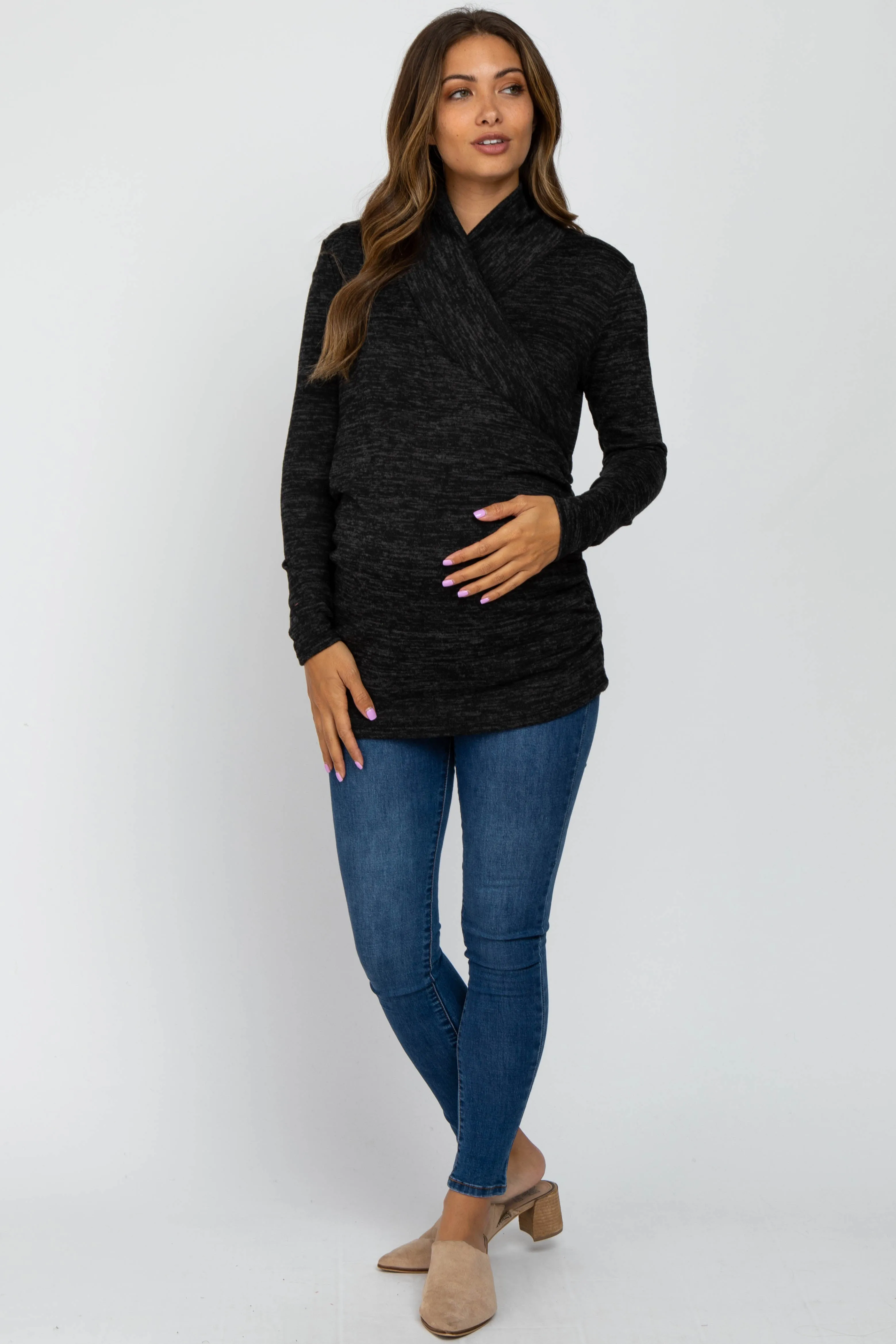 Black Soft Heathered Draped Wrap Maternity/Nursing Top sold by Pinkblush product image thumbnail 5