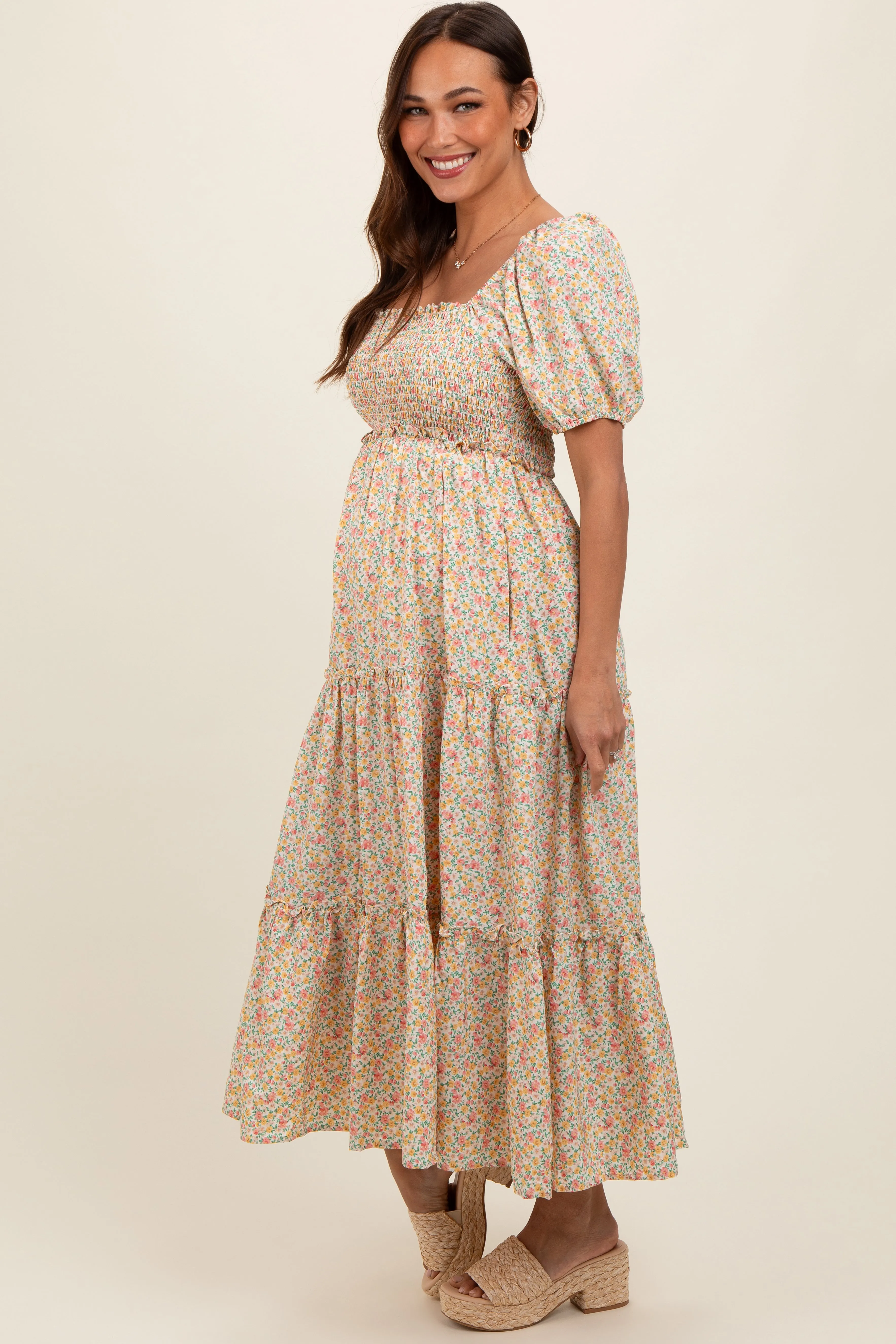 Cream Floral Smocked Tiered Puff Sleeve Maternity Maxi Dress sold by Pinkblush product image thumbnail 3