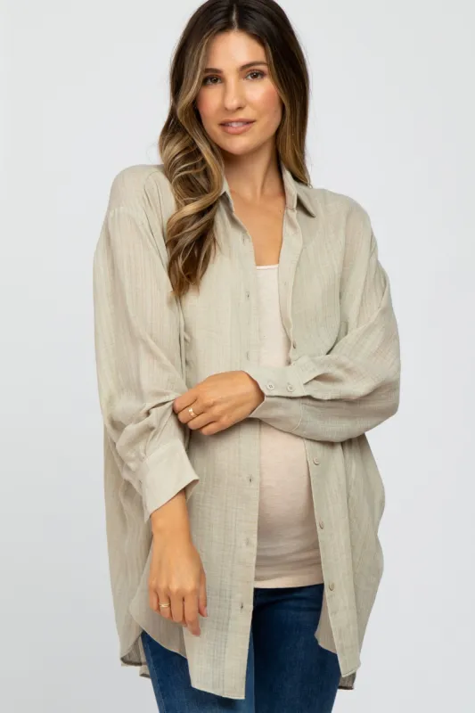 Beige Lightweight Sheer Button Down Maternity Blouse sold by Pinkblush