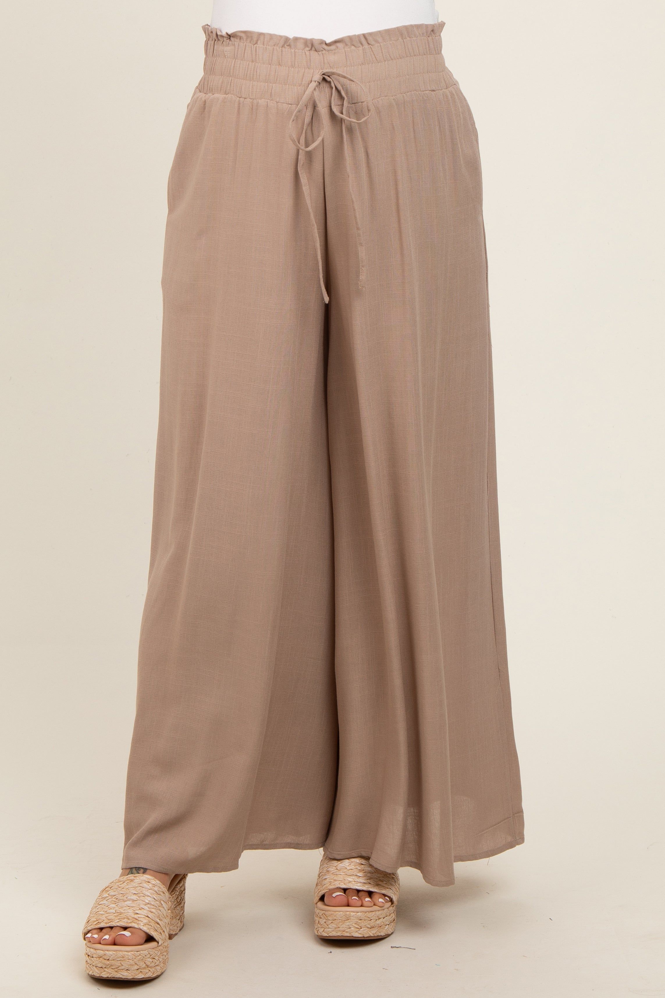 Taupe Wide Leg Smocked Lightweight Maternity Pants sold by Pinkblush product image thumbnail 3