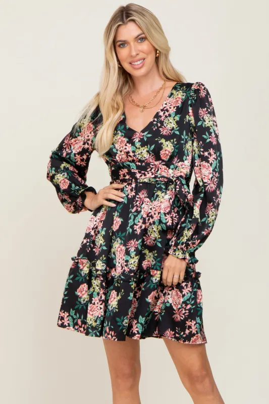 Black Floral V-Neck Satin Dress made by Pinkblush