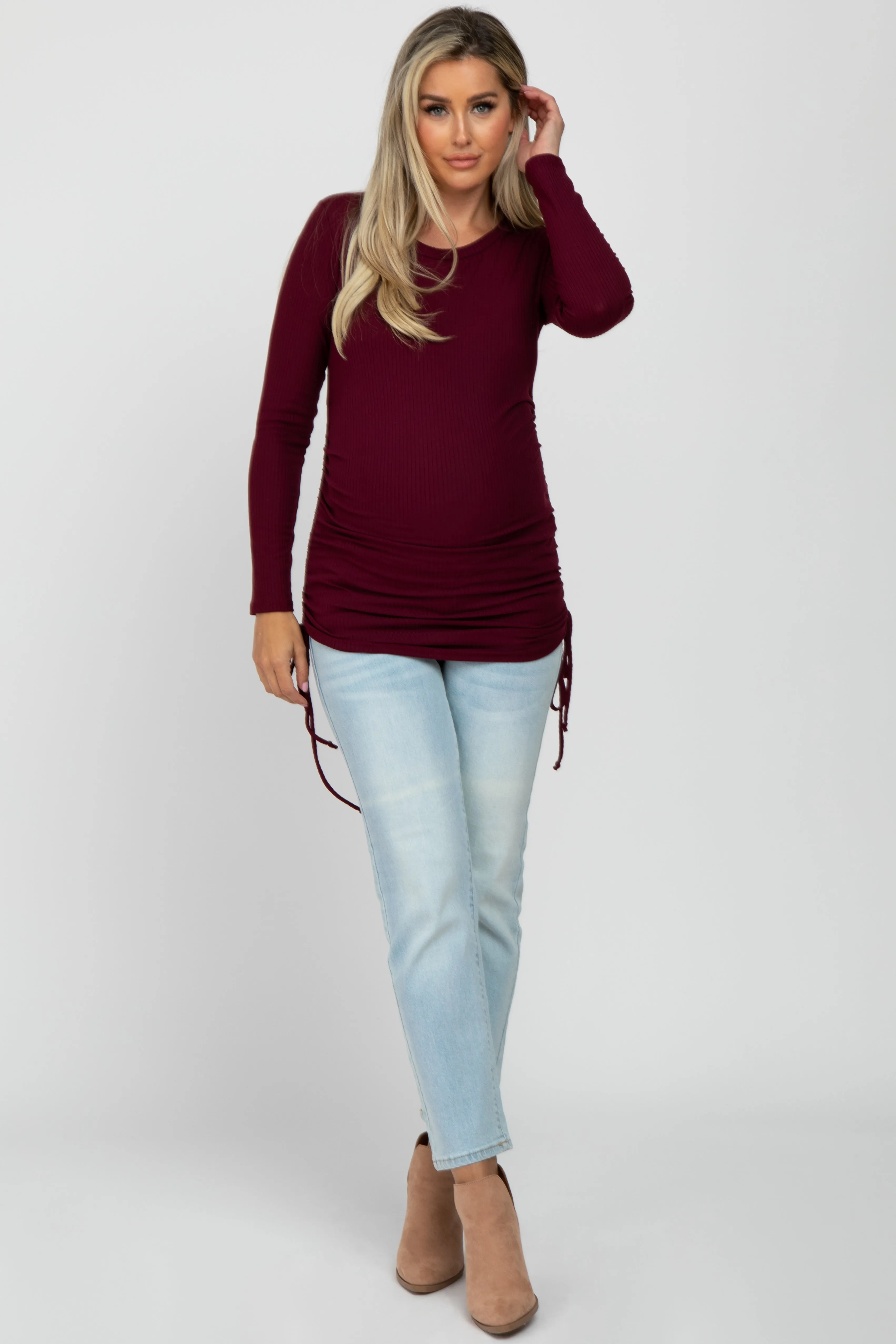 Burgundy Ribbed Ruched Tie Maternity Top sold by Pinkblush product image thumbnail 2