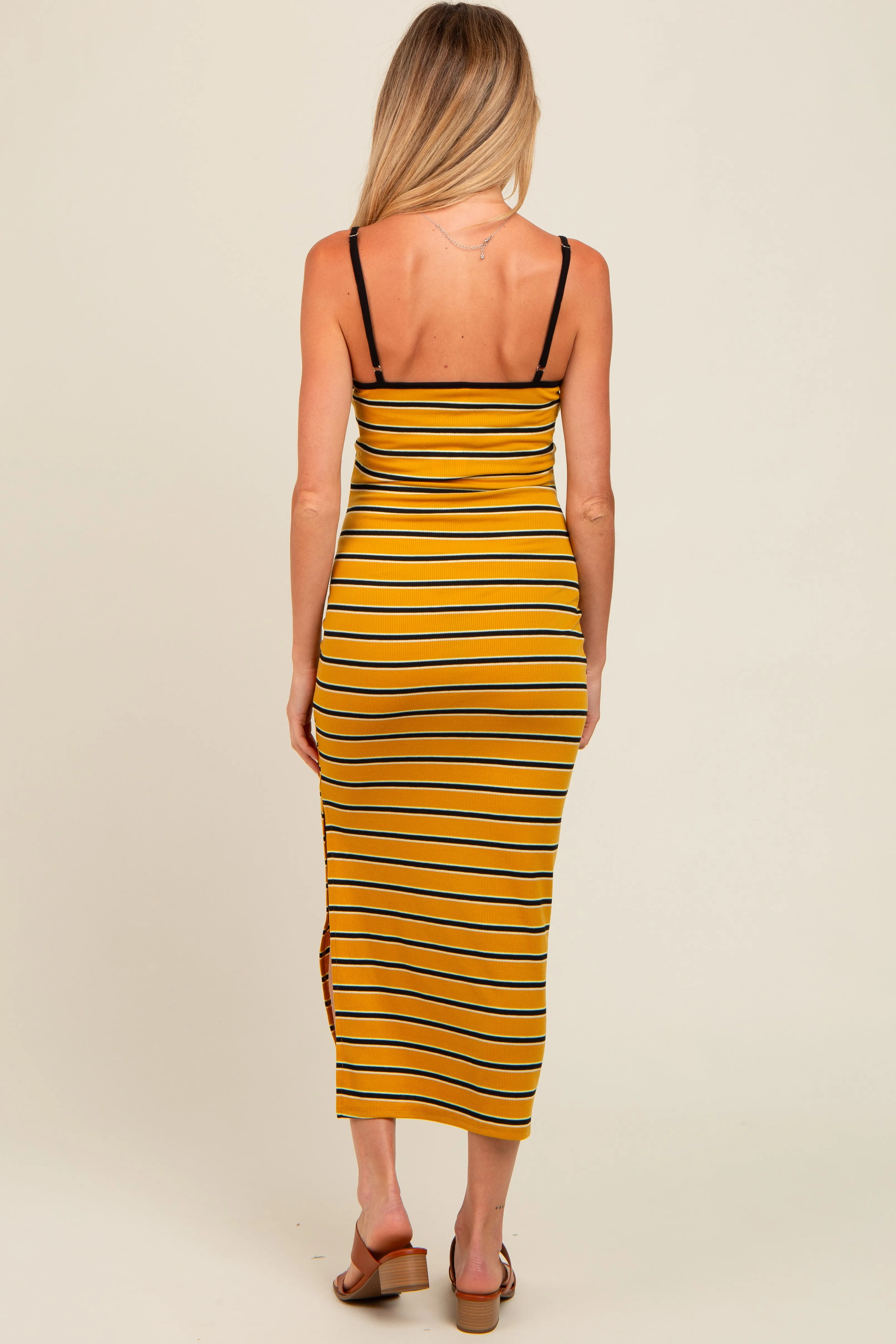 Yellow Striped Ribbed Side Slit Maternity Midi Dress sold by Pinkblush product image thumbnail 4