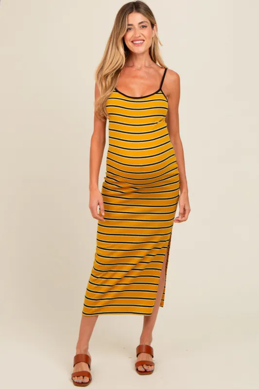 Yellow Striped Ribbed Side Slit Maternity Midi Dress sold by Pinkblush